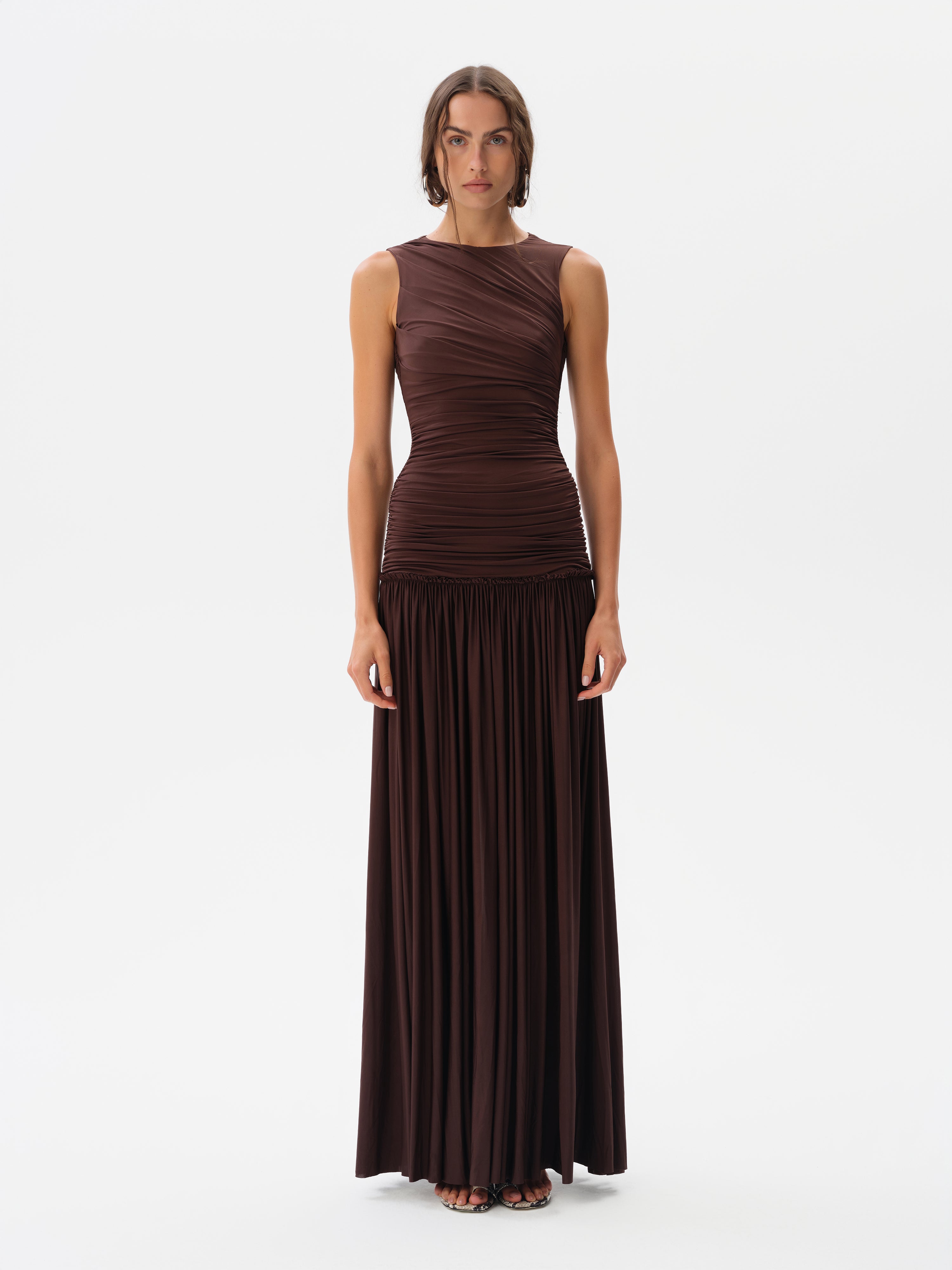 brown jersey dress for women ALINA - Open-back ruched maxi jersey dress by SIEDRÉS