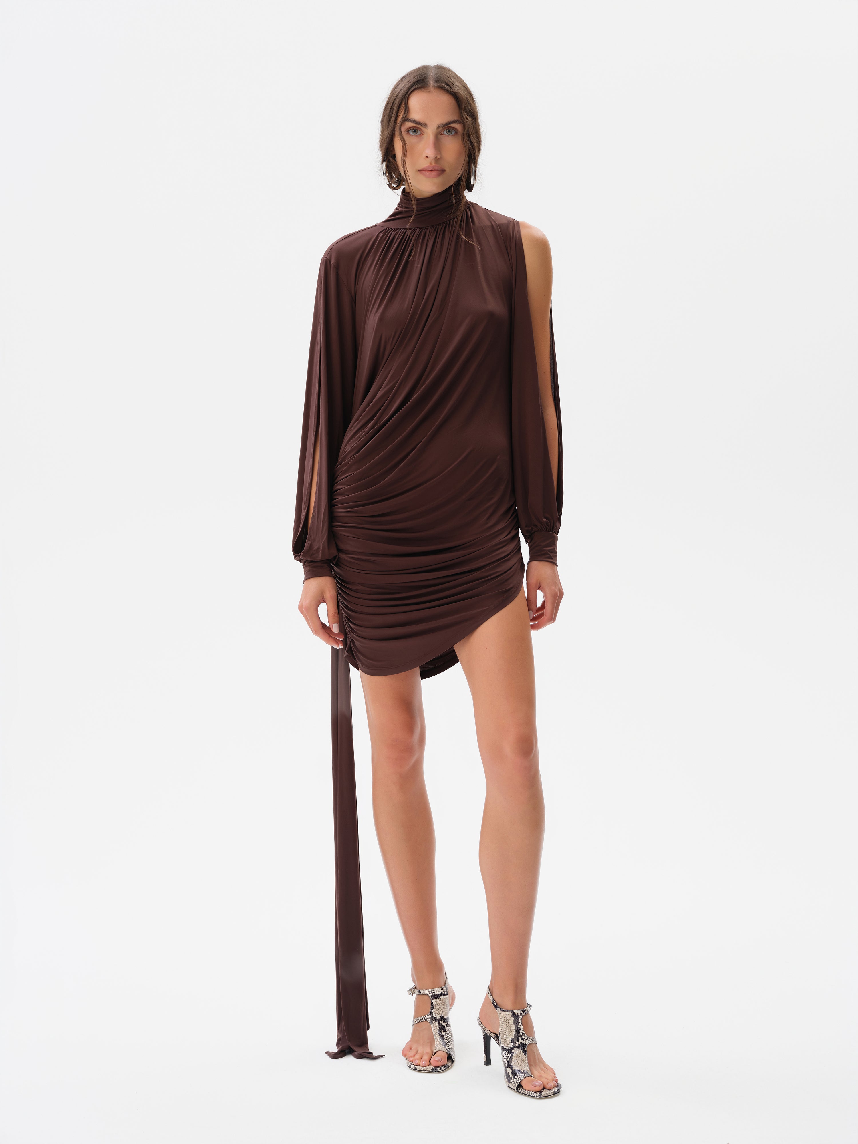 high neck jersey mini dress Taupe Jersey Mockneck Long Sleeve Mini Dress