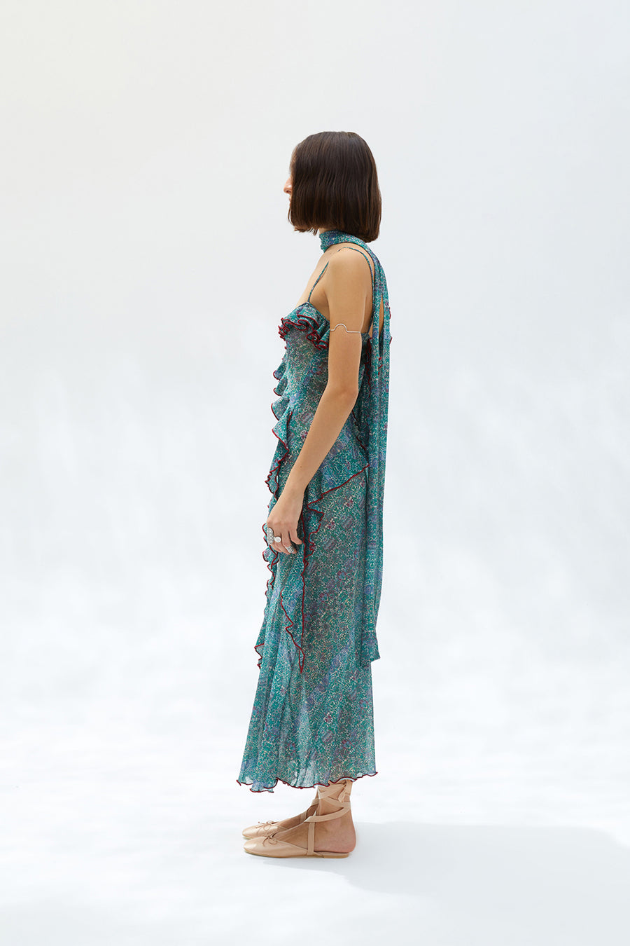 MONICA - Scarf and ruffle detailed maxi dress with contrast stitching