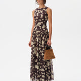 ALINA - Open-back ruched printed mesh maxi dress