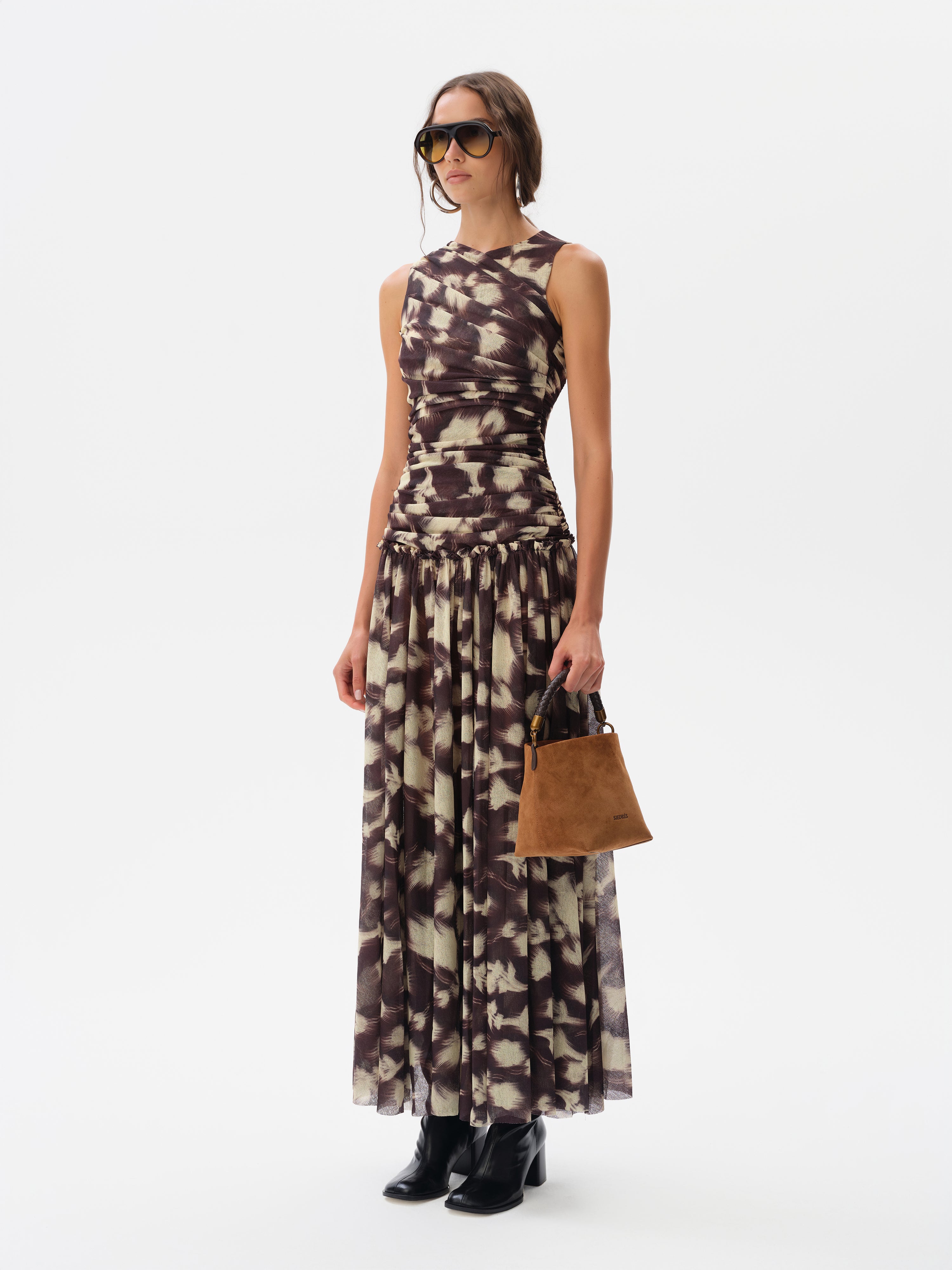ALINA - Open-back ruched printed mesh maxi dress