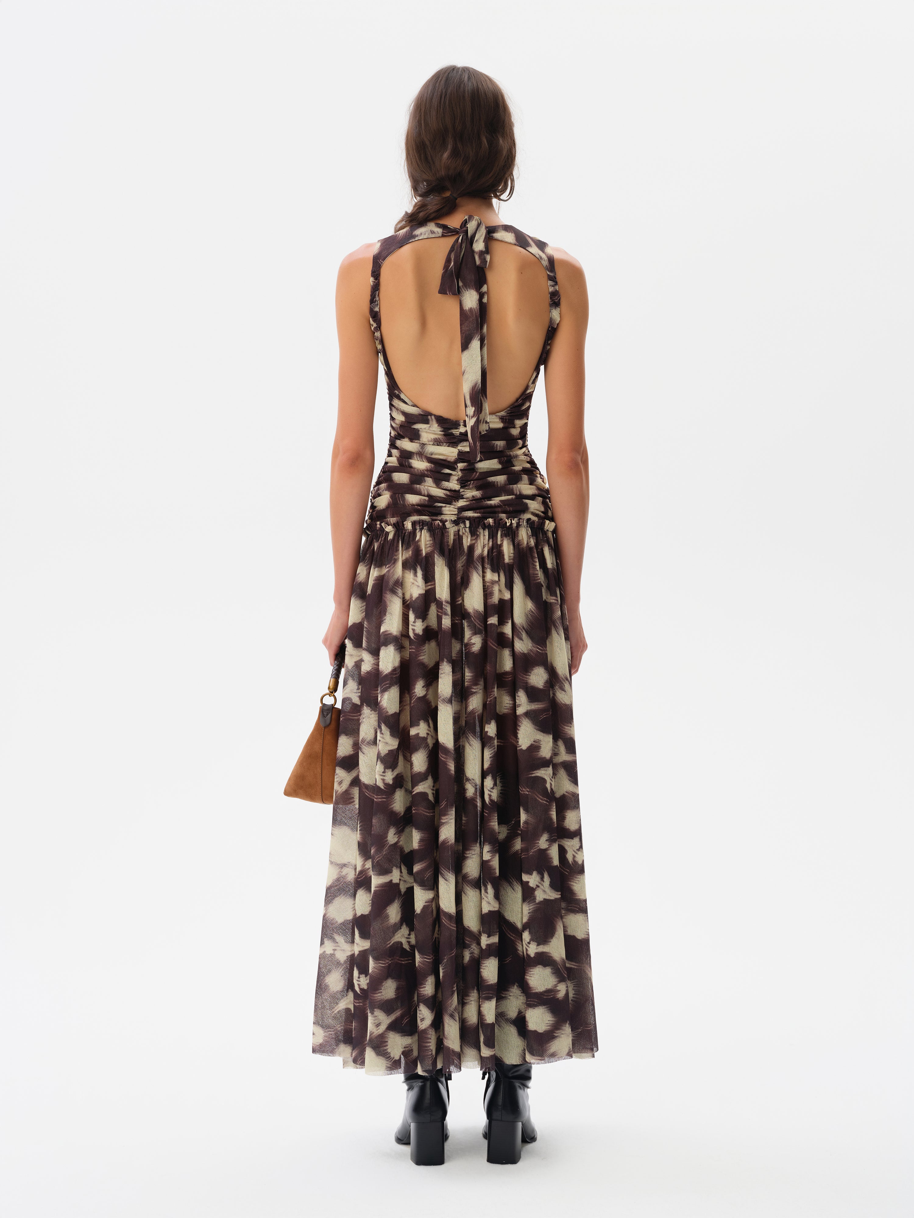 ALINA - Open-back ruched printed mesh maxi dress