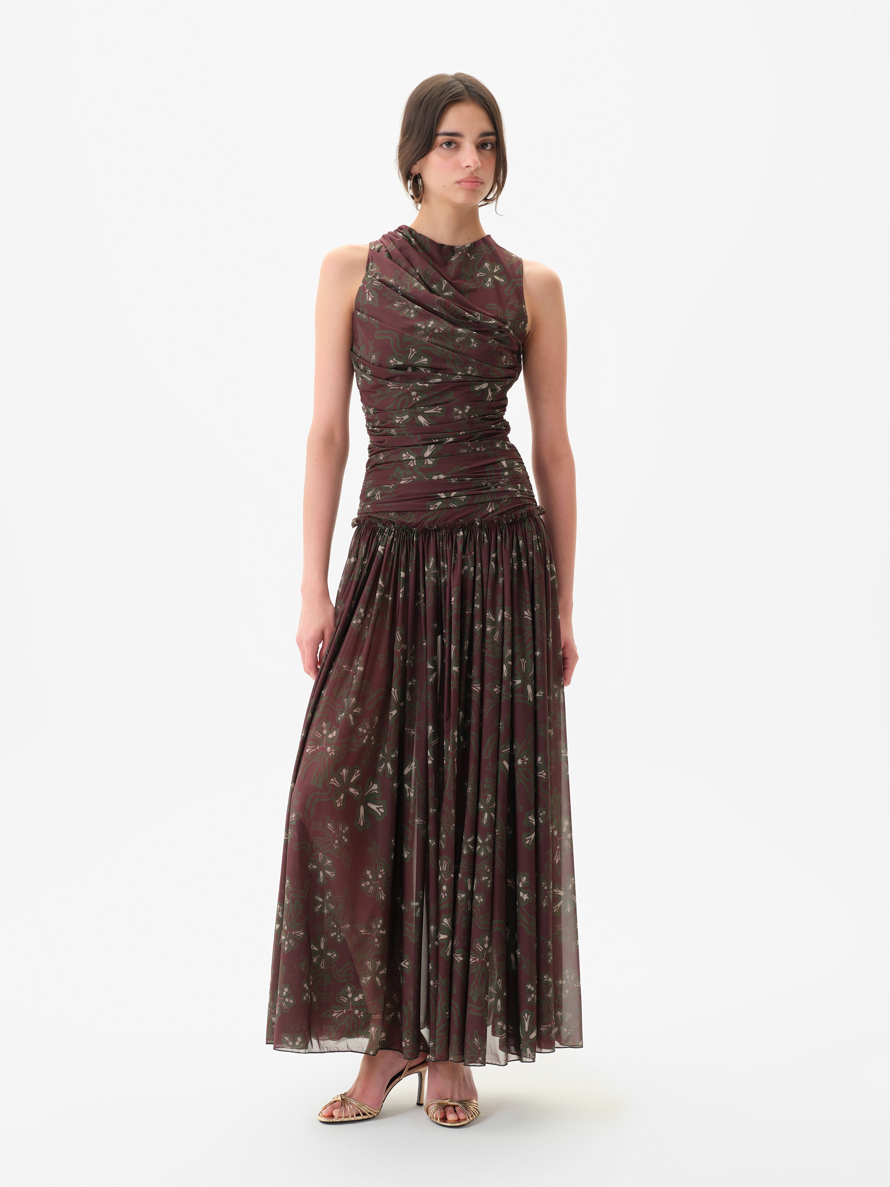 ALINA - Printed open-back ruched maxi jersey dress