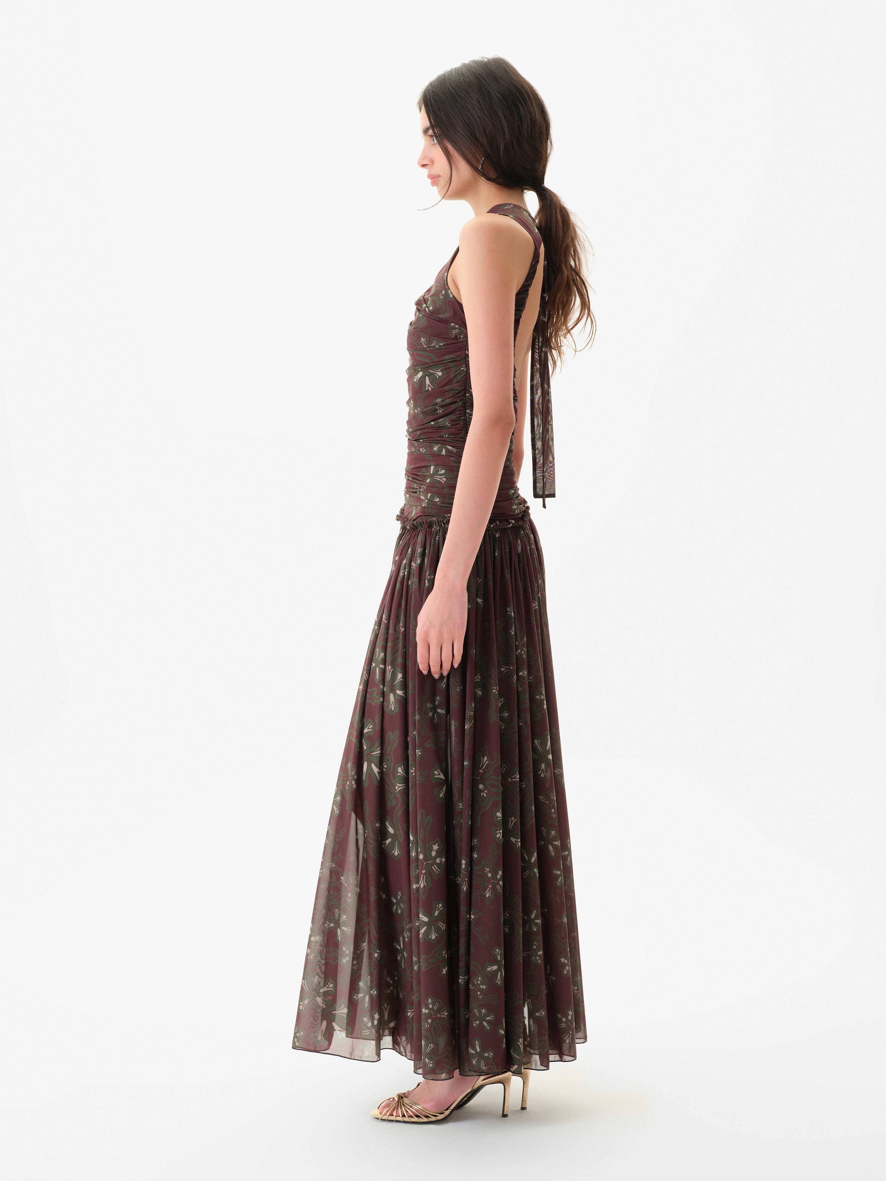 ALINA - Printed open-back ruched maxi jersey dress