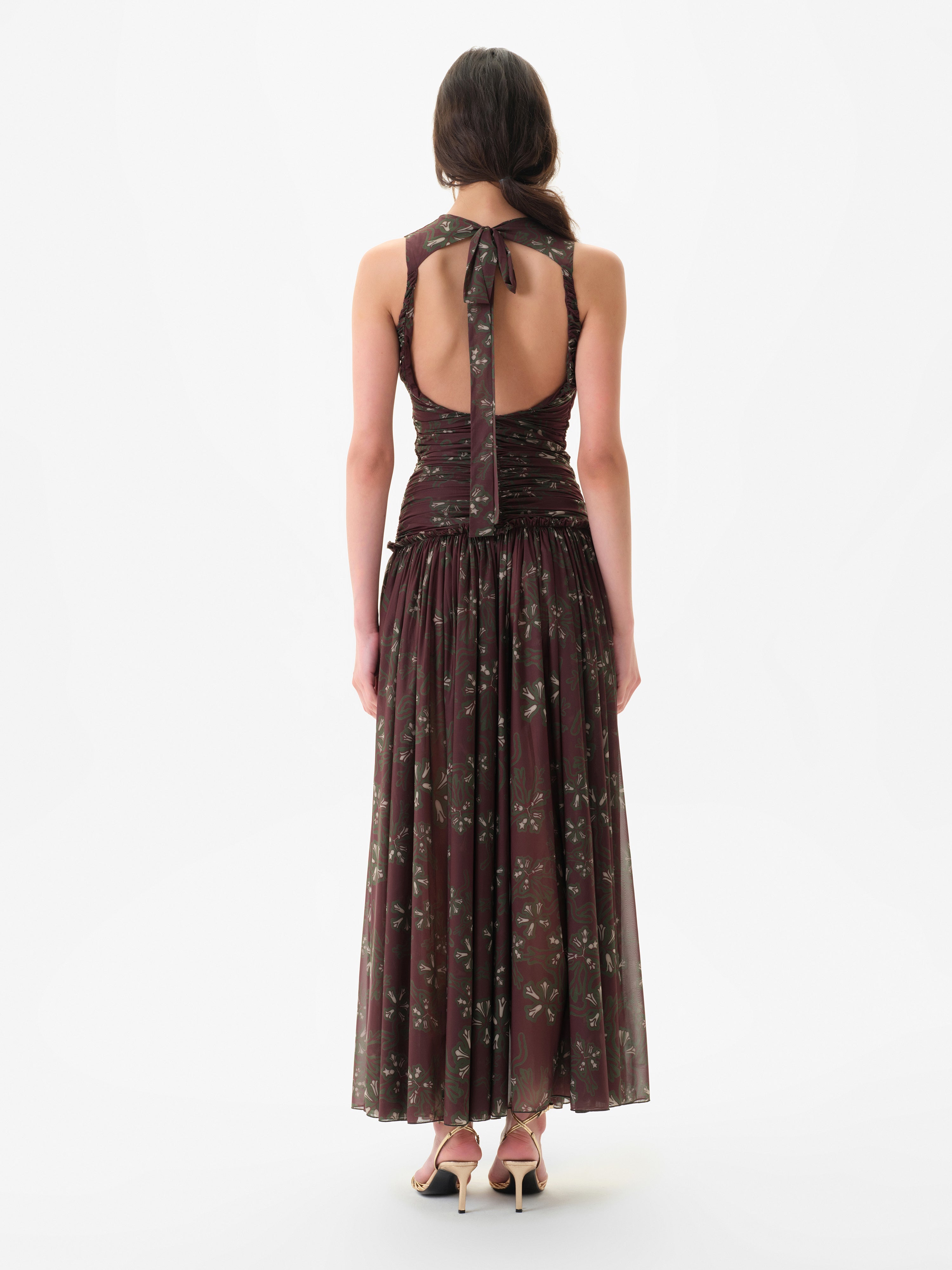 ALINA - Printed open-back ruched maxi jersey dress