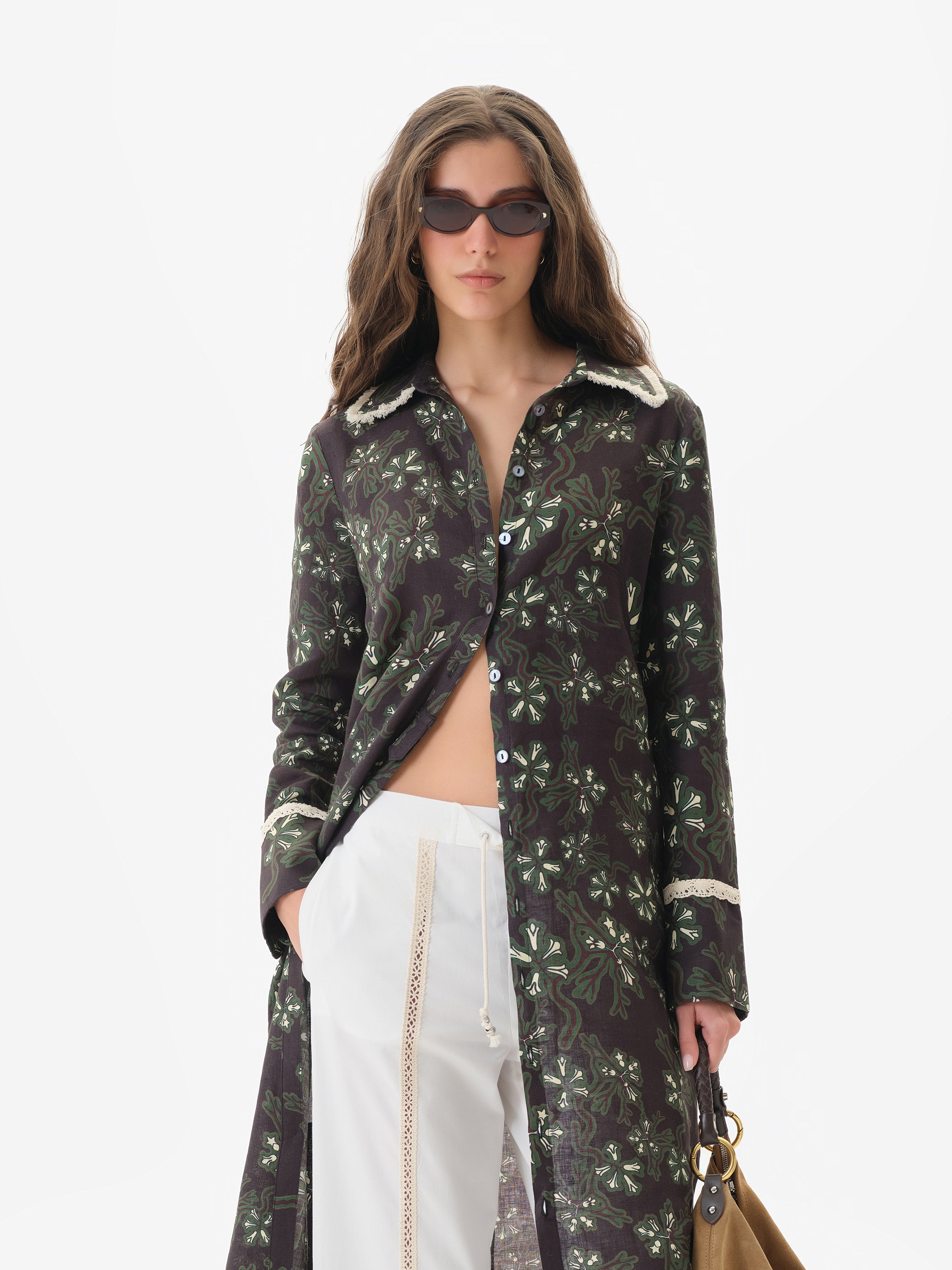 ALINDA - Floral print shirt style linen midi dress with contrast fringe trim