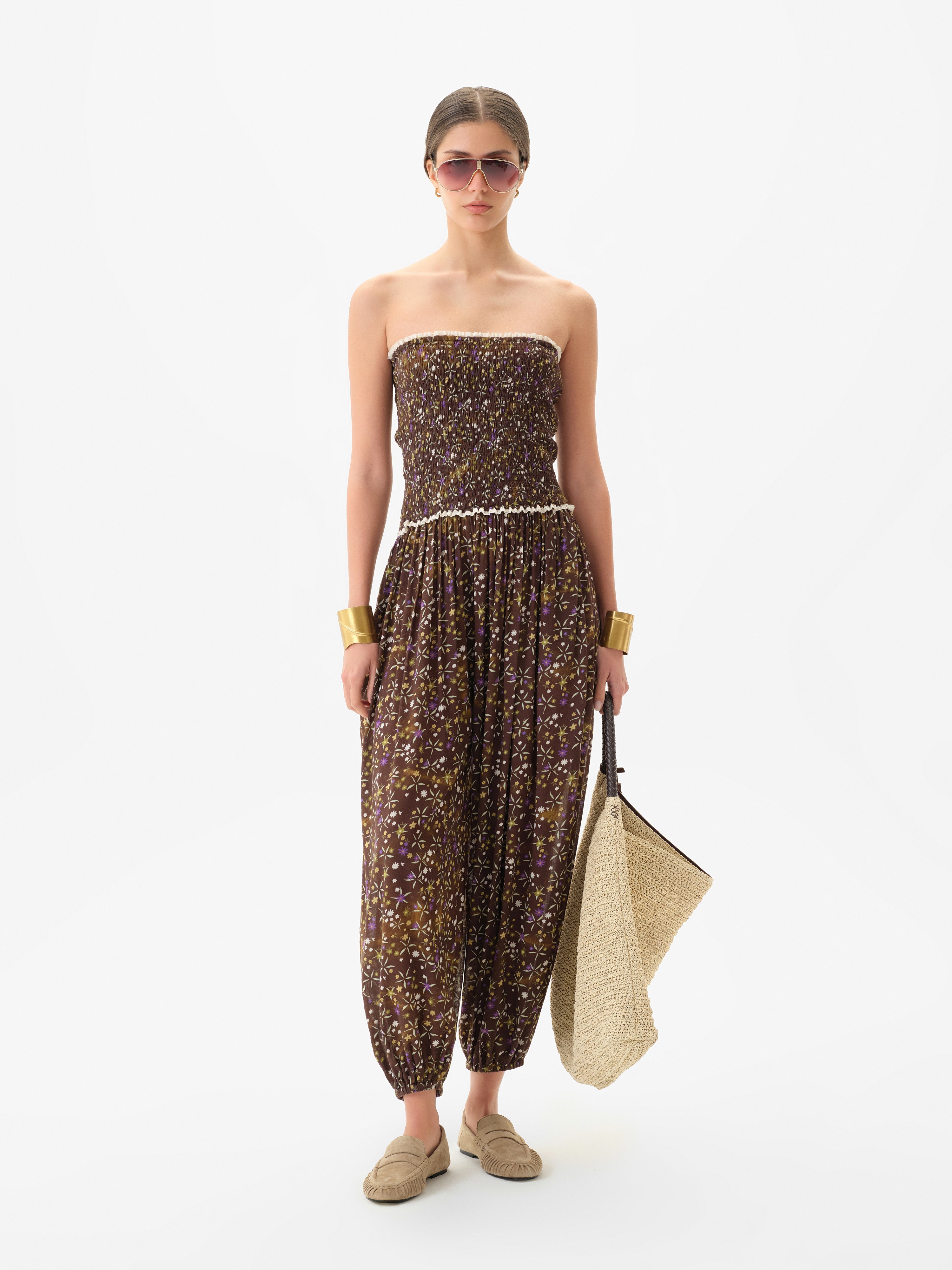 ANAIS - Floral printed strapless balloon-leg jumpsuit