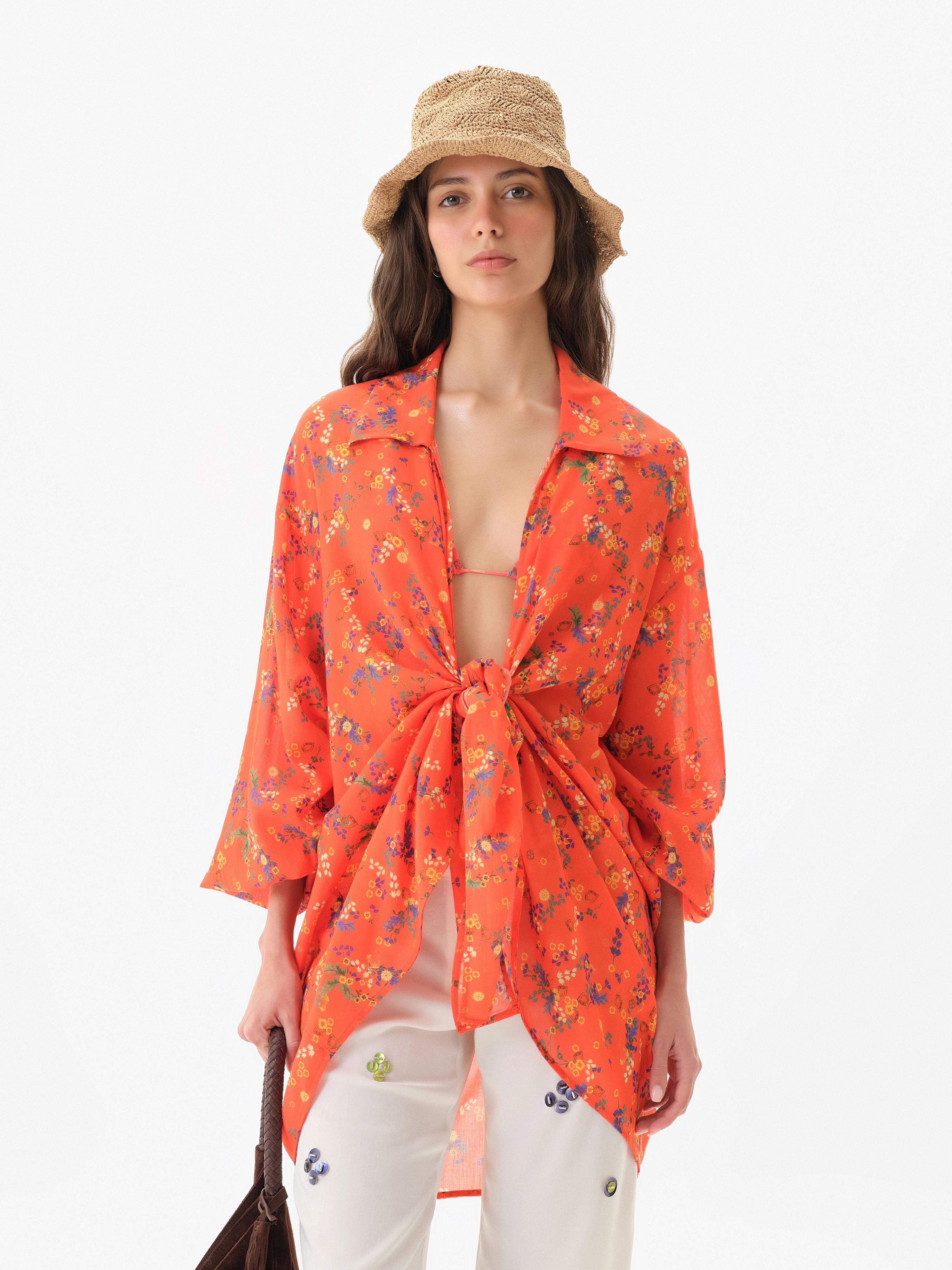BEATRIZ - Floral printed tie-front shirt