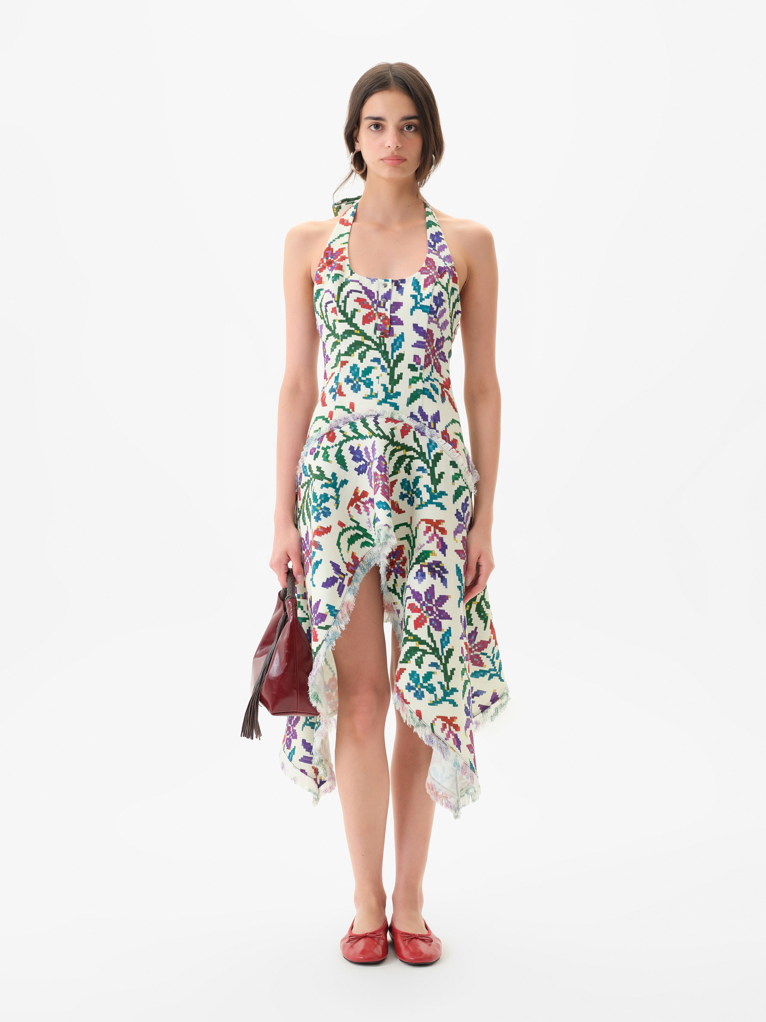 BELORA - Halterneck asymmetric midi dress in textured tapestry fabric