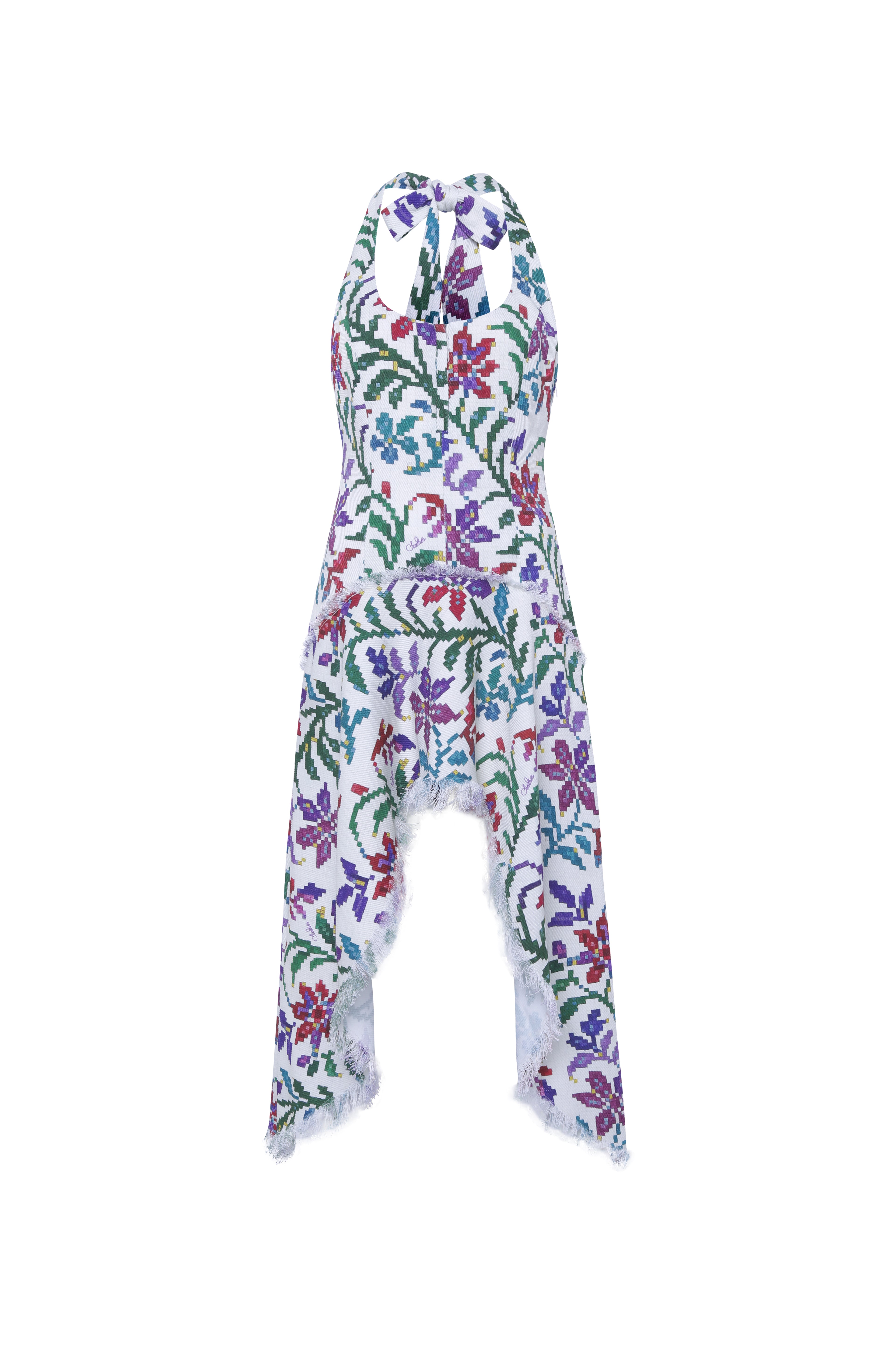 BELORA - Halterneck asymmetric midi dress in textured tapestry fabric