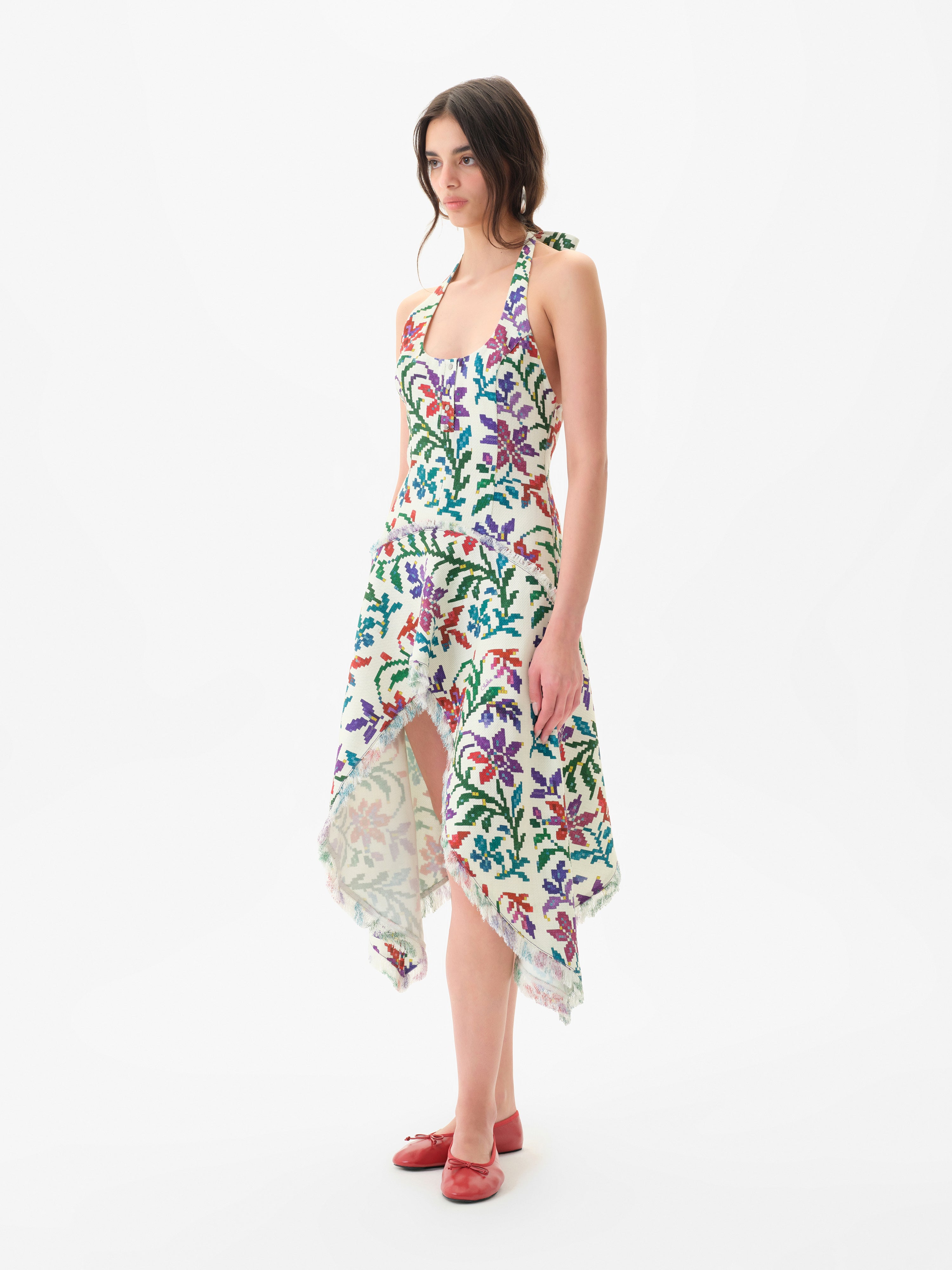 BELORA - Halterneck asymmetric midi dress in textured tapestry fabric
