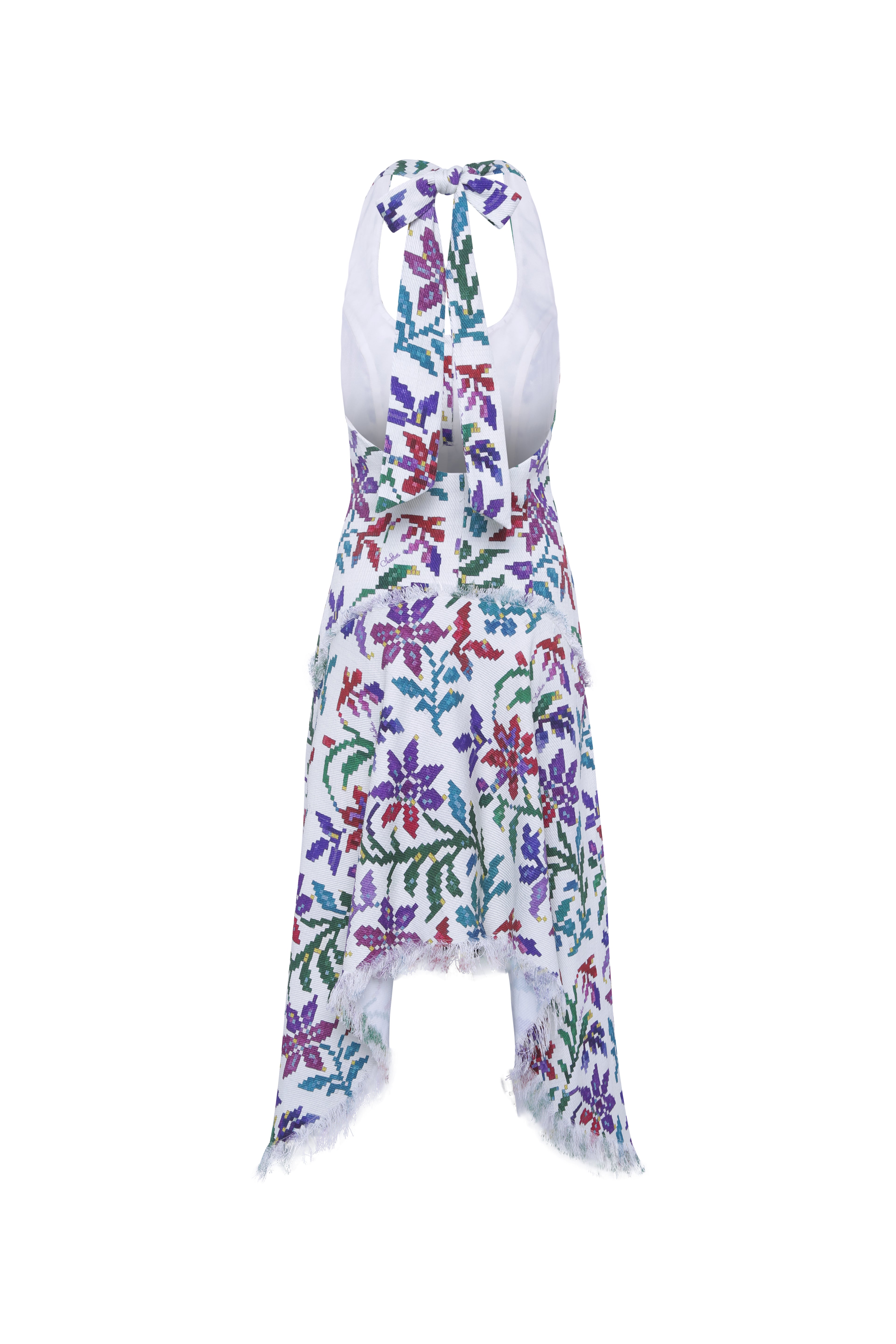 BELORA - Halterneck asymmetric midi dress in textured tapestry fabric