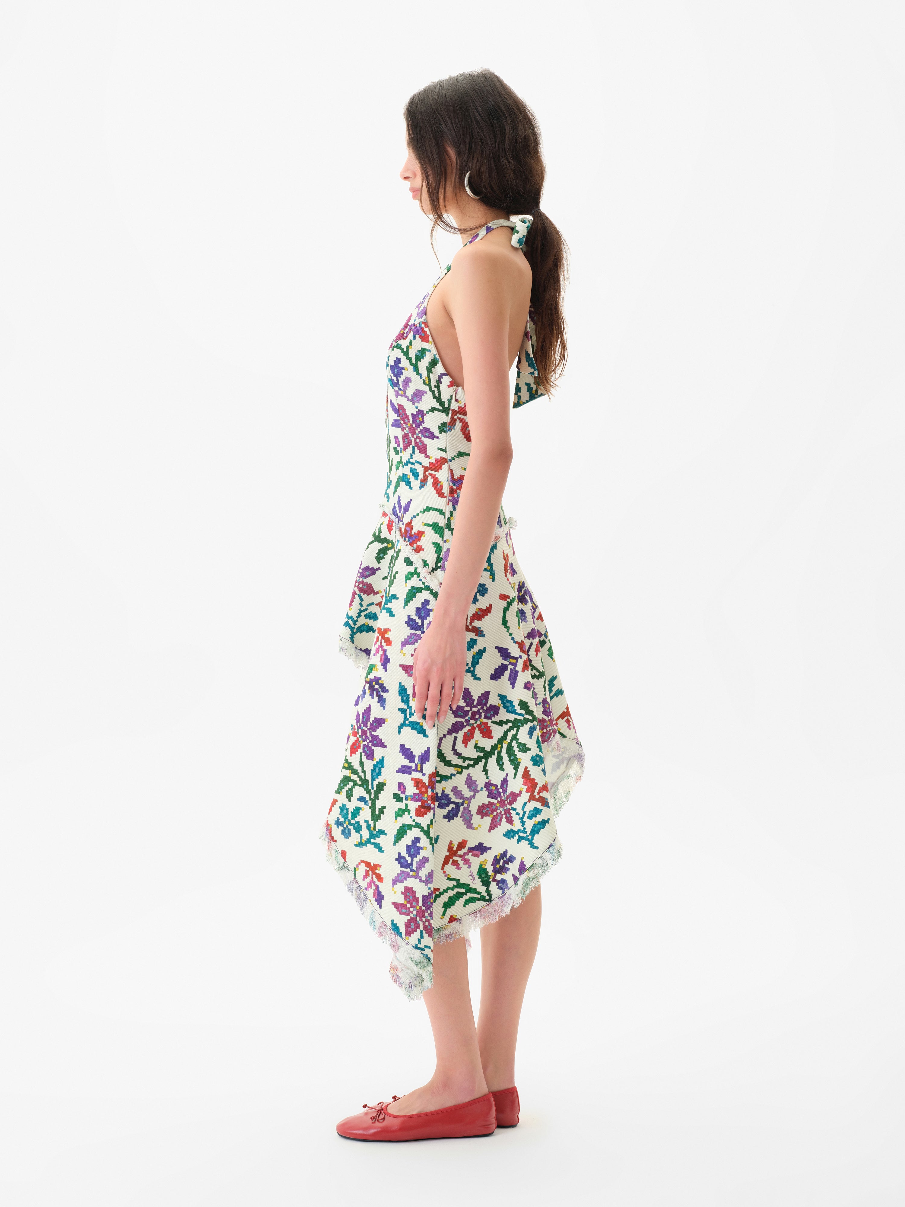 BELORA - Halterneck asymmetric midi dress in textured tapestry fabric