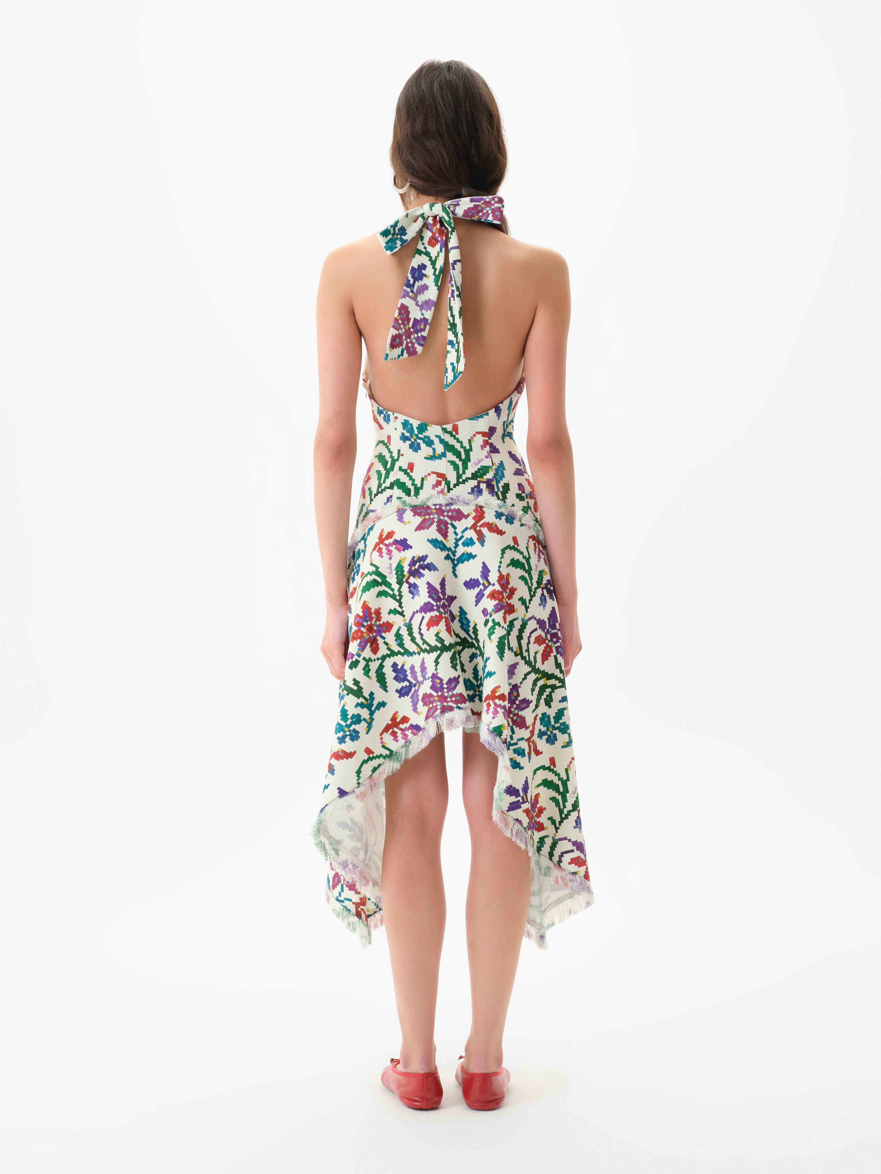 BELORA - Halterneck asymmetric midi dress in textured tapestry fabric