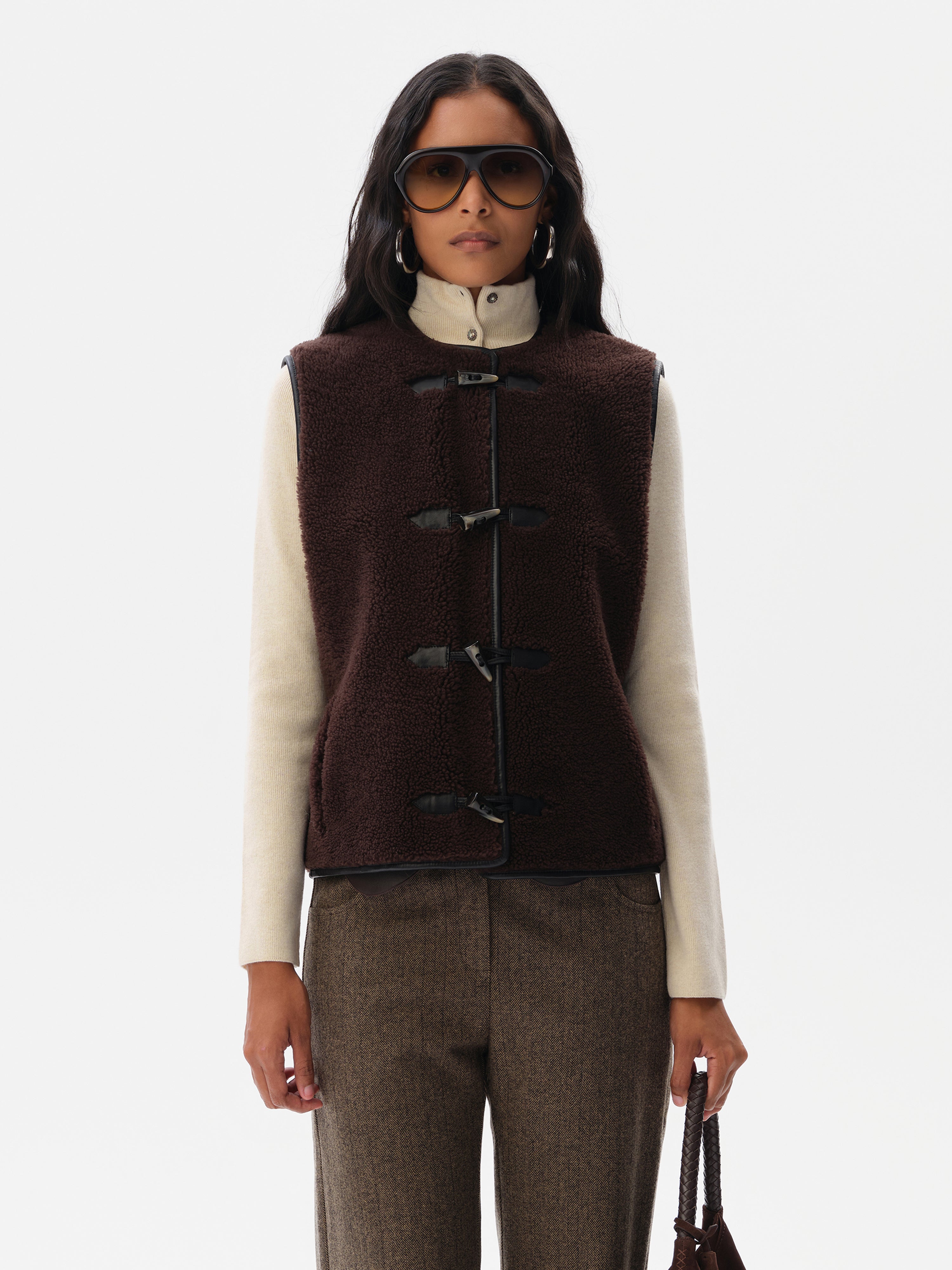 CLARA - Shearling vest with contrast leather trim