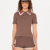 YUAN - Lace-trimmed knit polo top