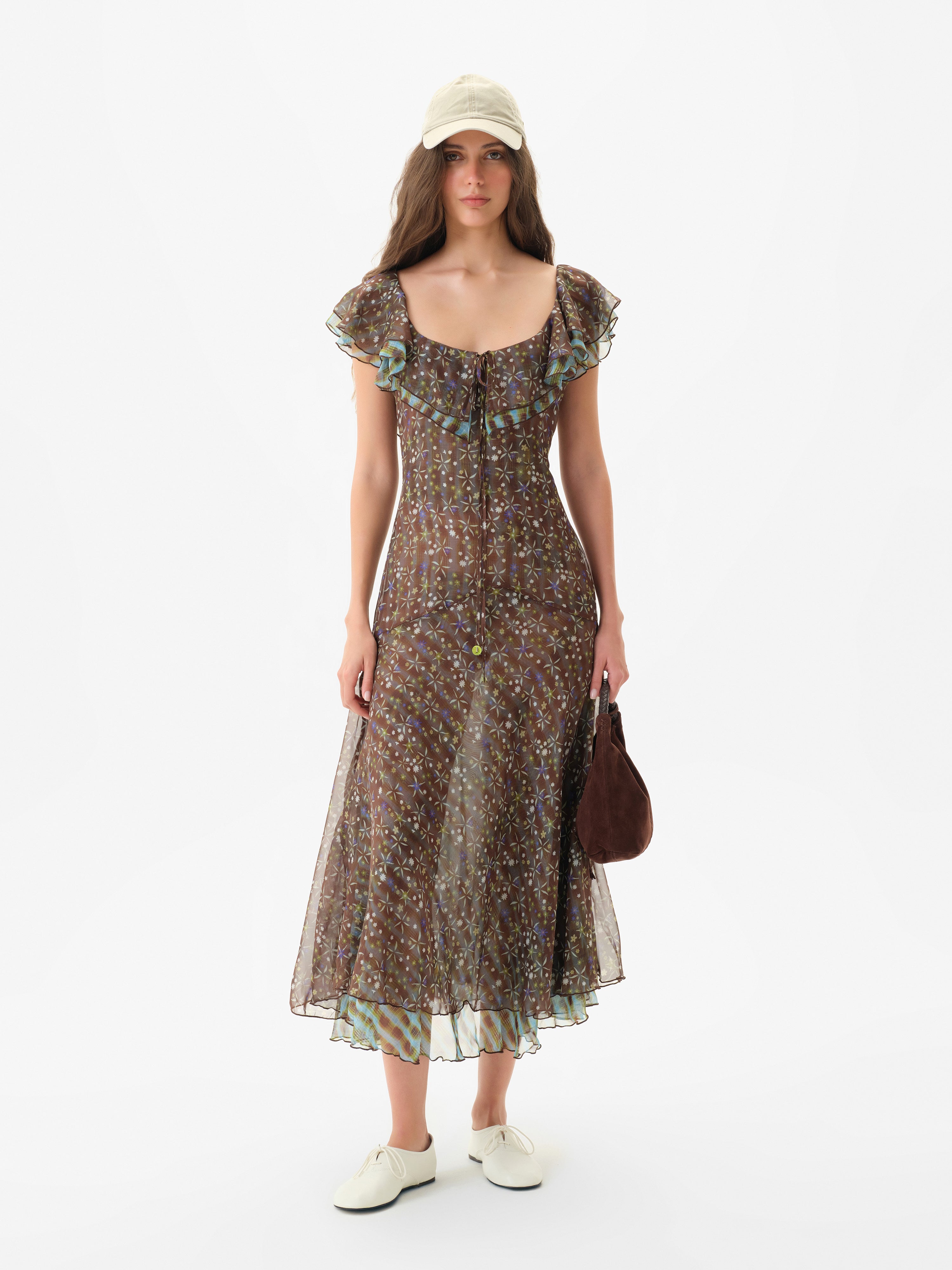 CAENES - Printed chiffon dress with ruffled neckline