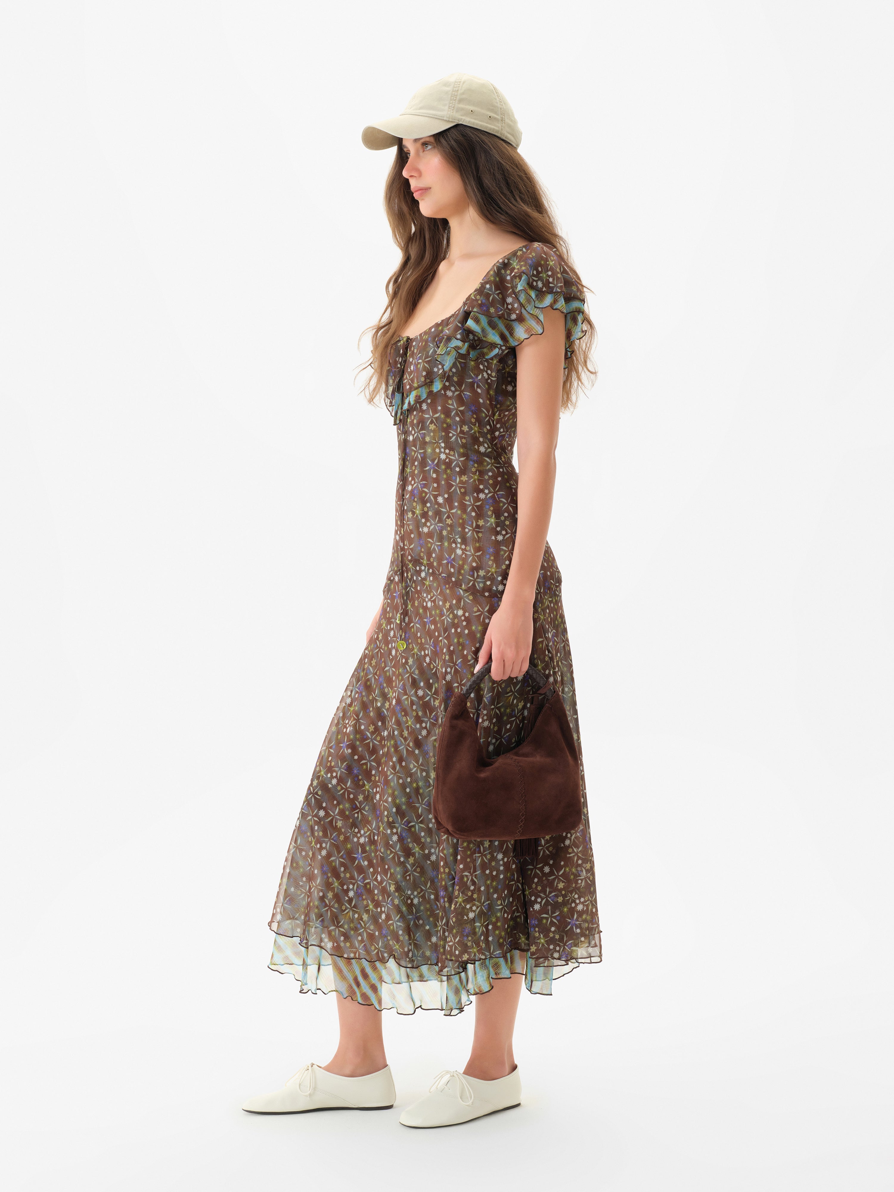 CAENES - Printed chiffon dress with ruffled neckline