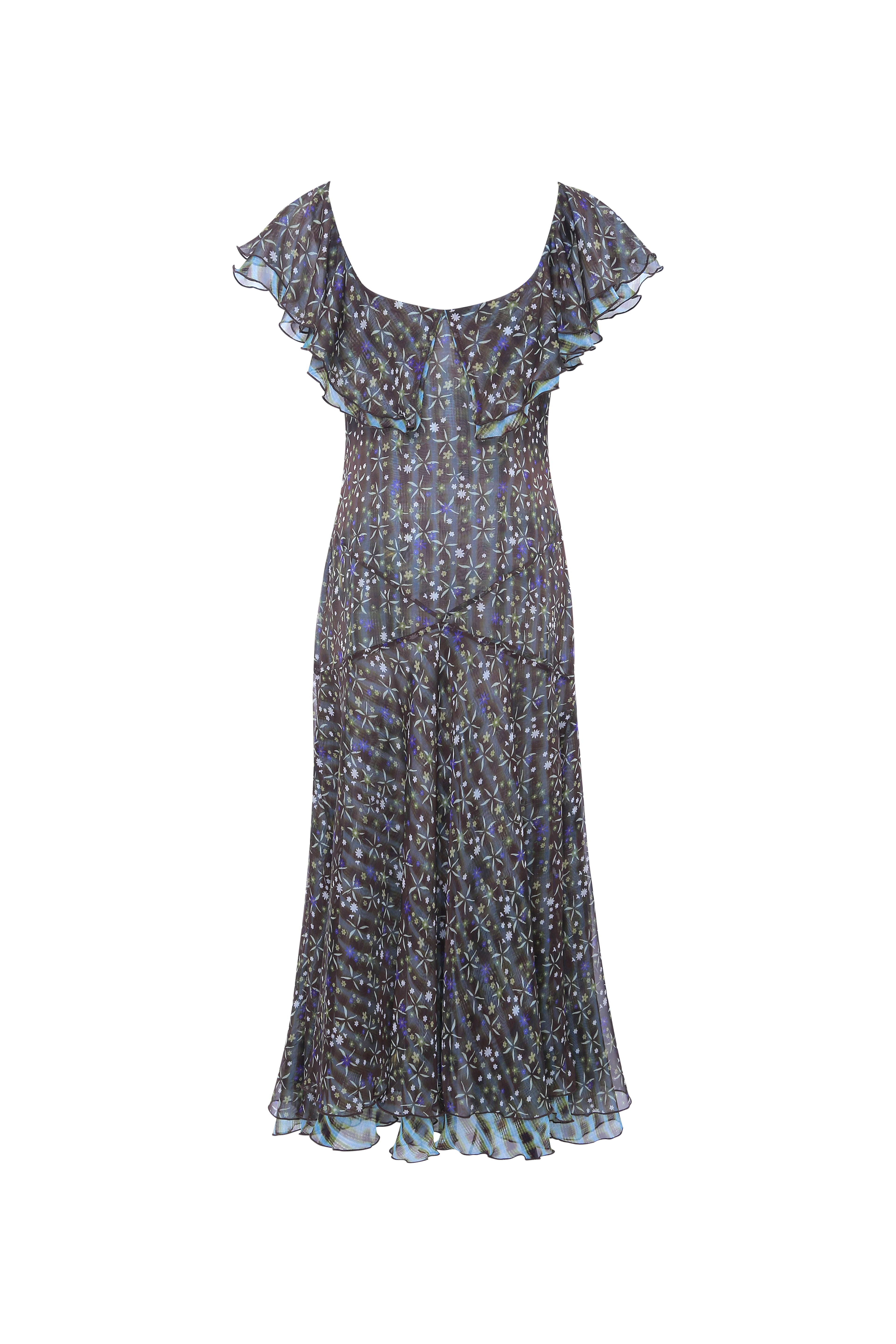 CAENES - Printed chiffon dress with ruffled neckline