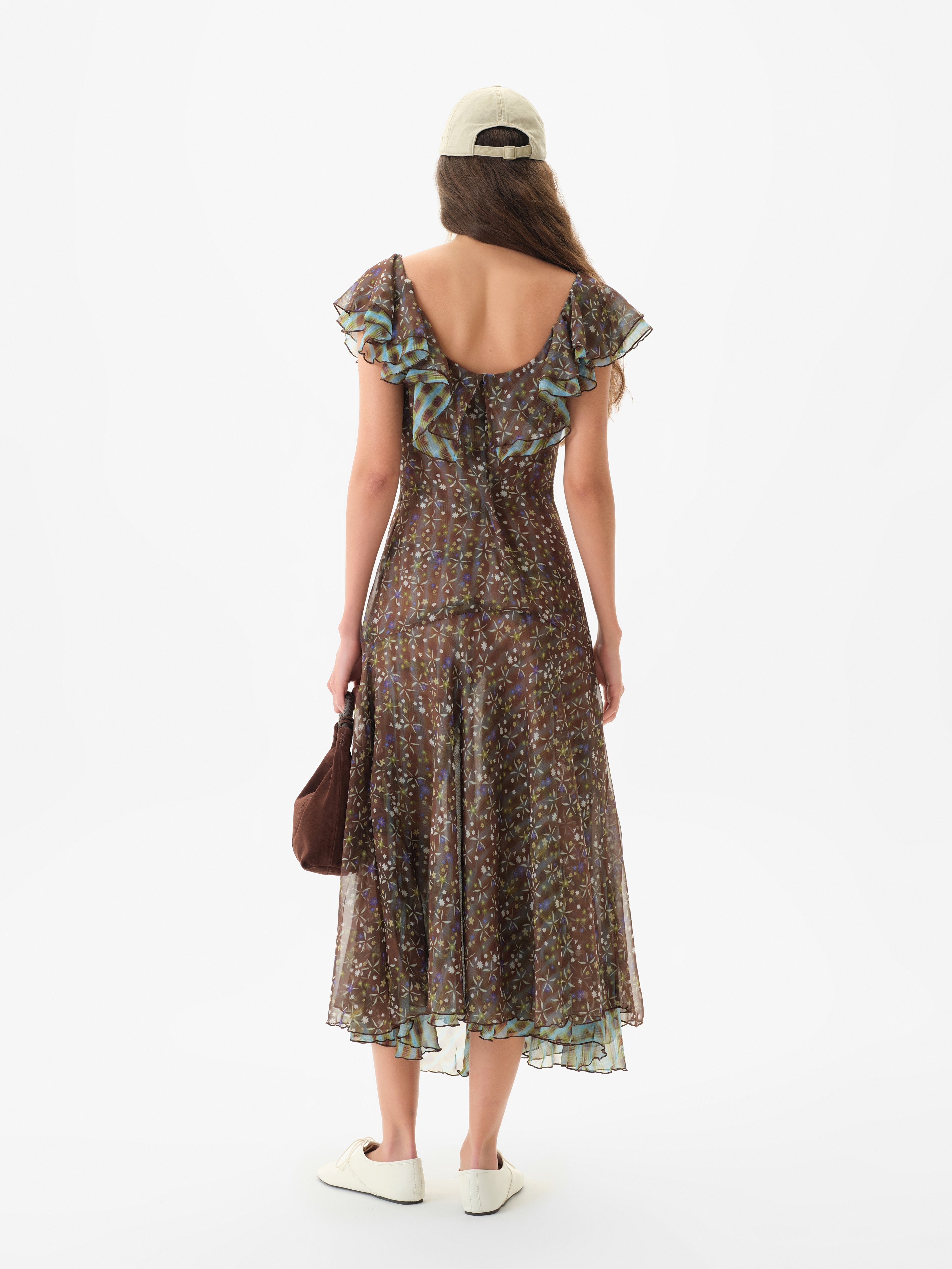 CAENES - Printed chiffon dress with ruffled neckline