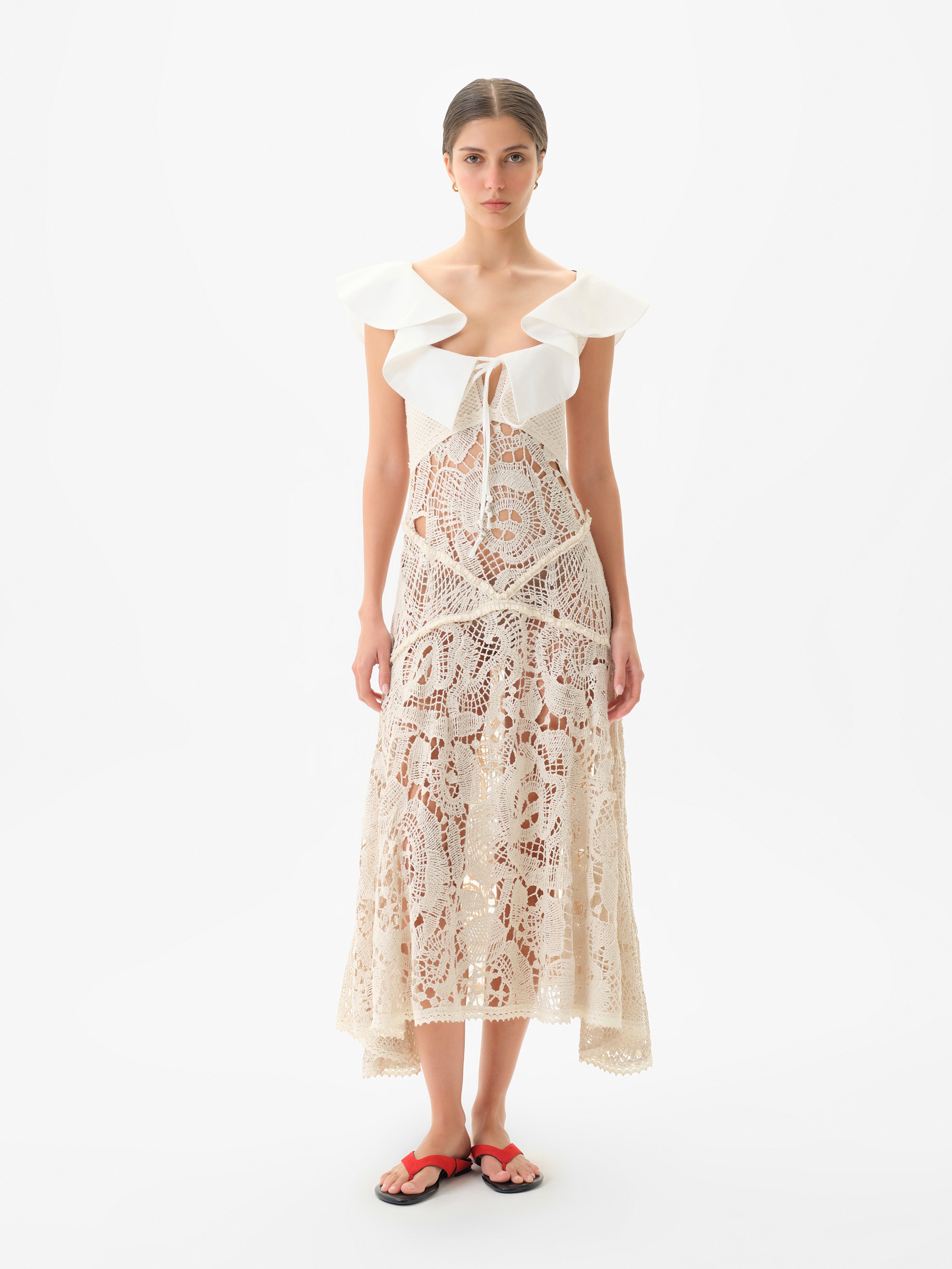 CAENES - Crochet dress with contrast poplin collar