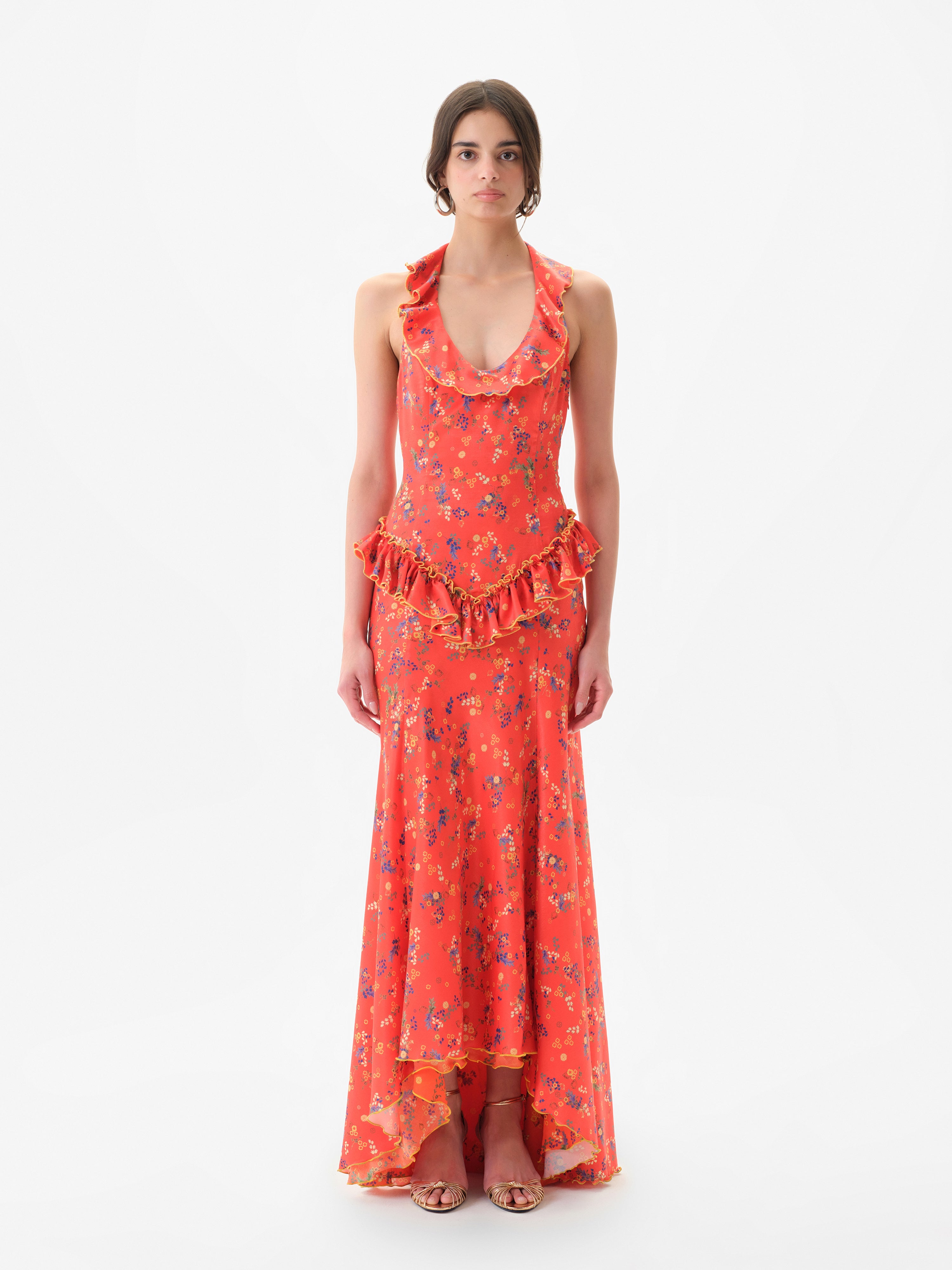 CALINA - Floral print halterneck dress with flounced ruffle neckline