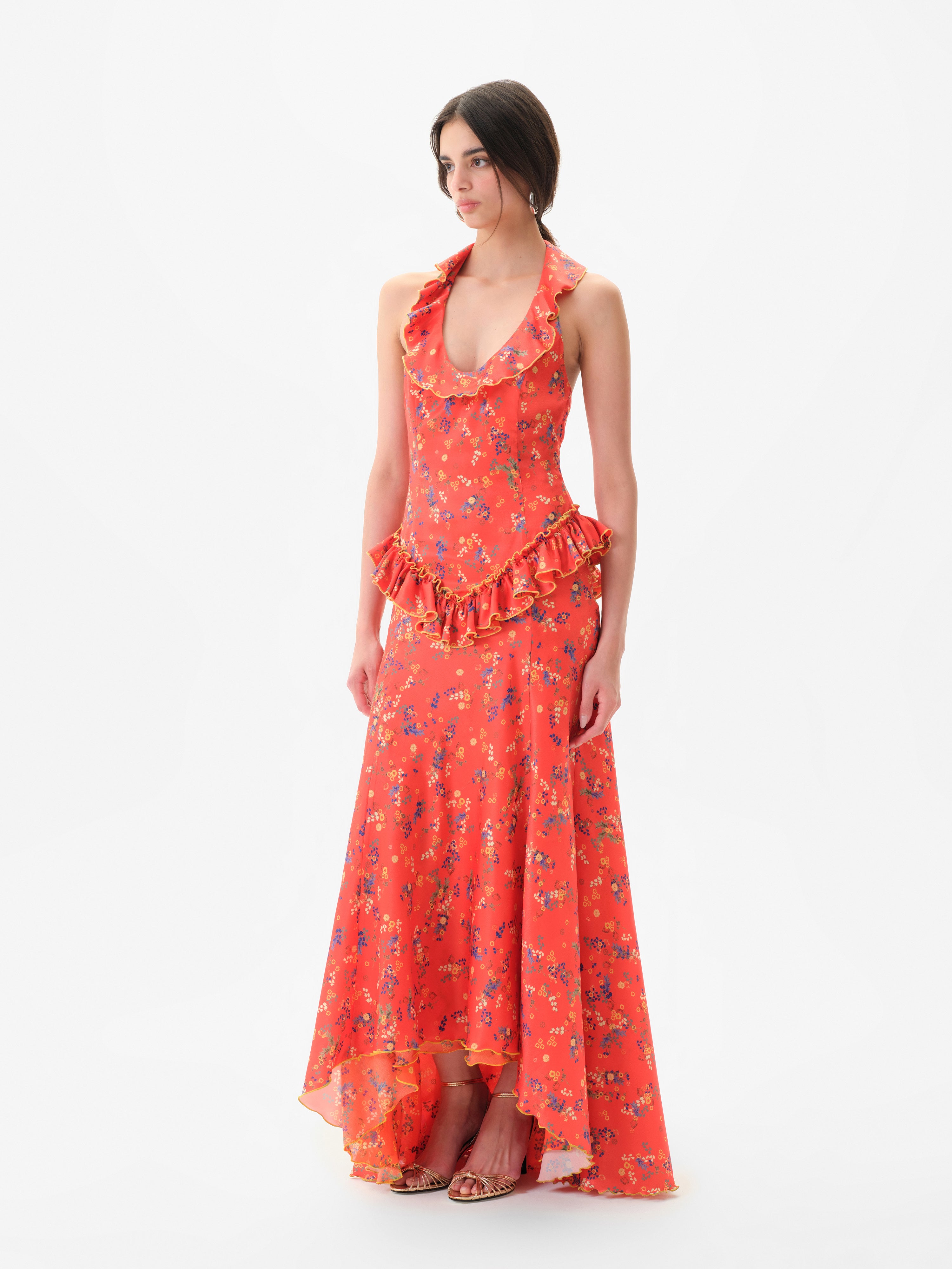 CALINA - Floral print halterneck dress with flounced ruffle neckline
