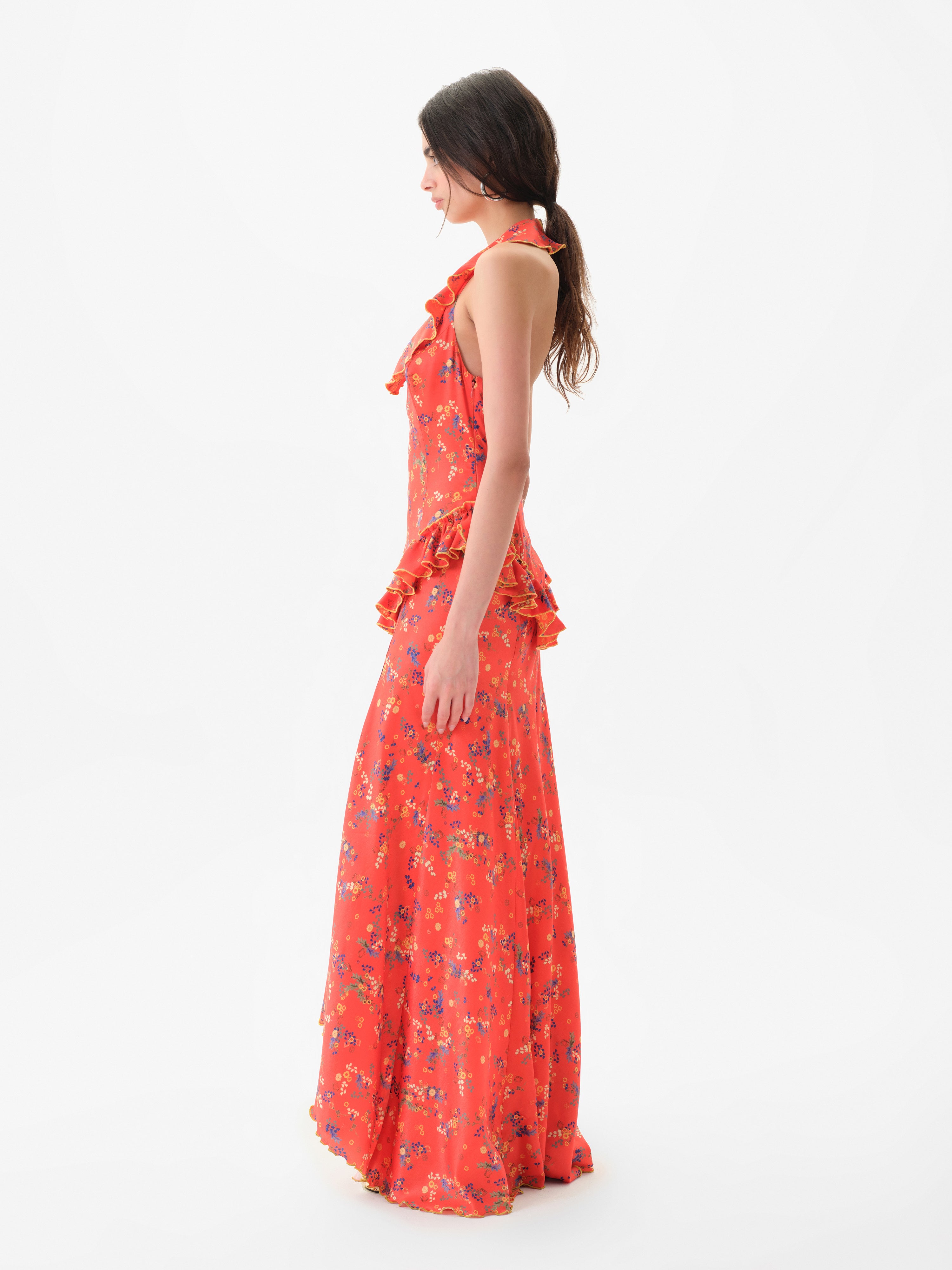 CALINA - Floral print halterneck dress with flounced ruffle neckline