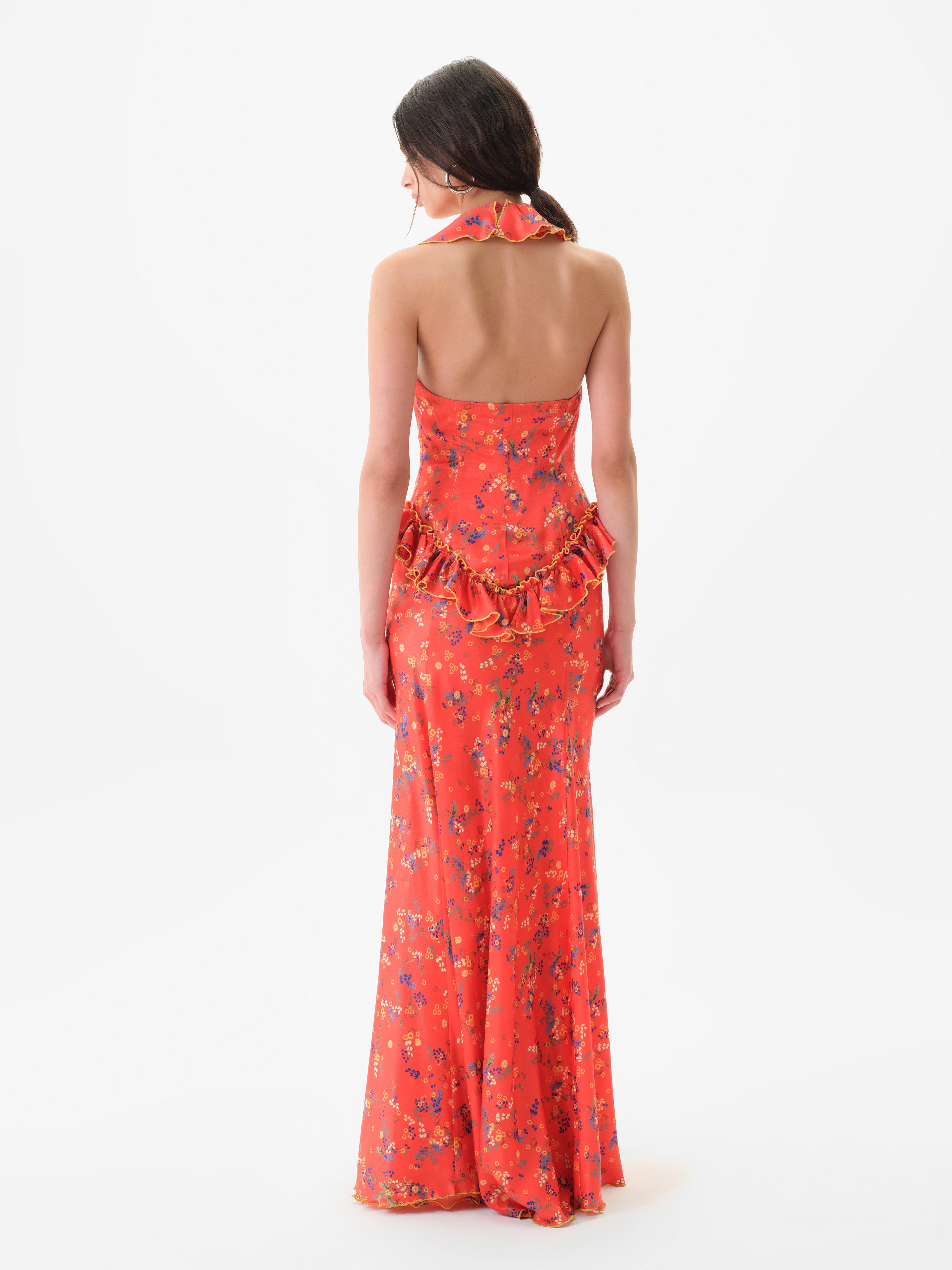 CALINA - Floral print halterneck dress with flounced ruffle neckline