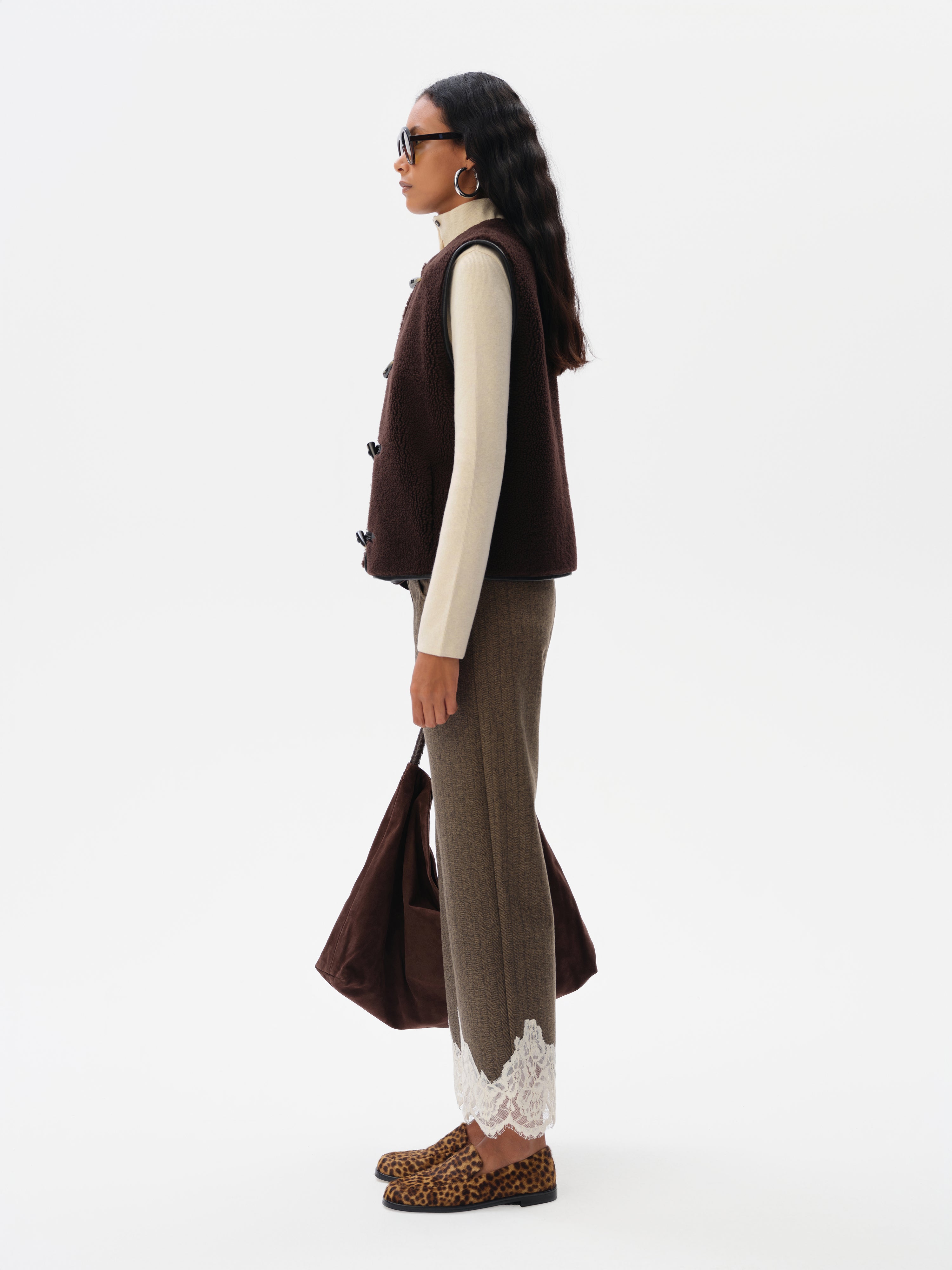 VIVIENNE - Wool blend pants with lace-trimmed hem