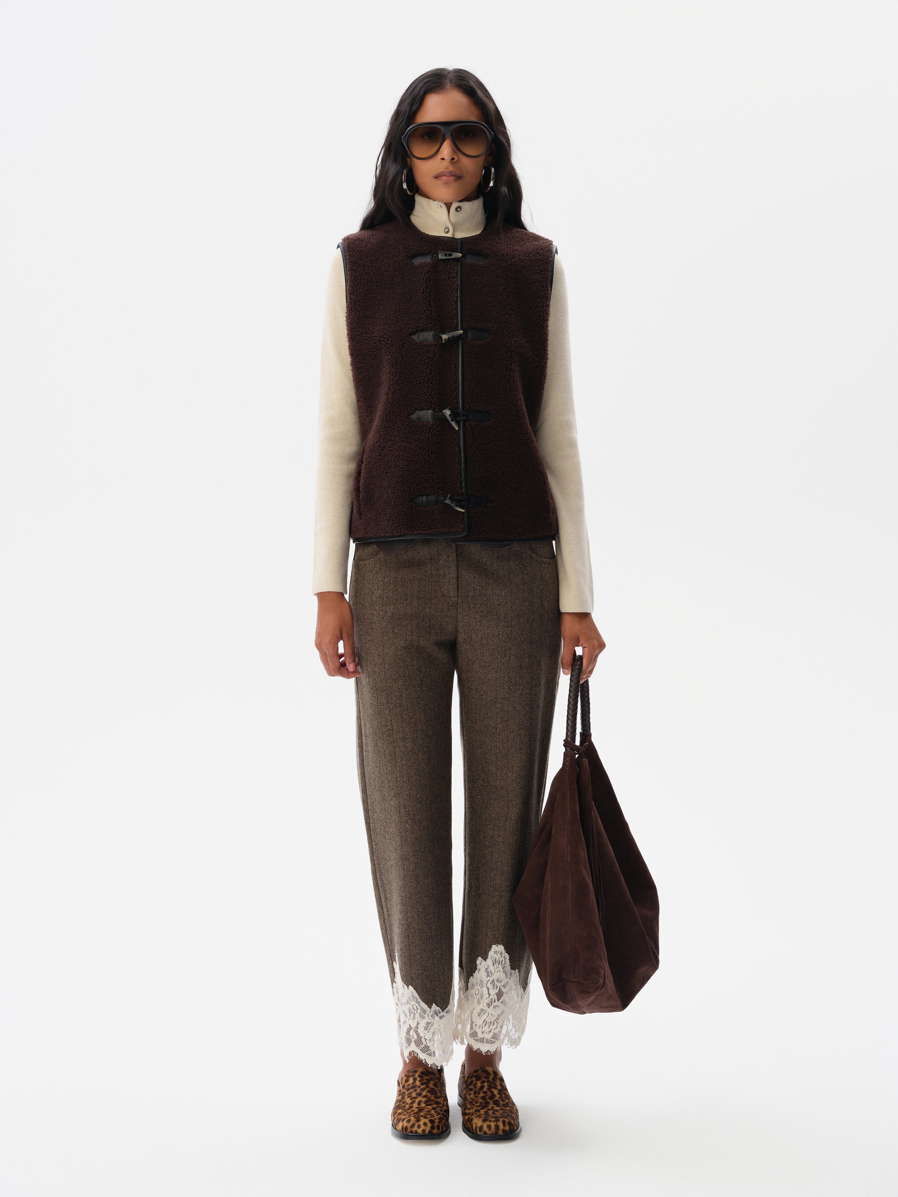 VIVIENNE - Wool blend pants with lace-trimmed hem