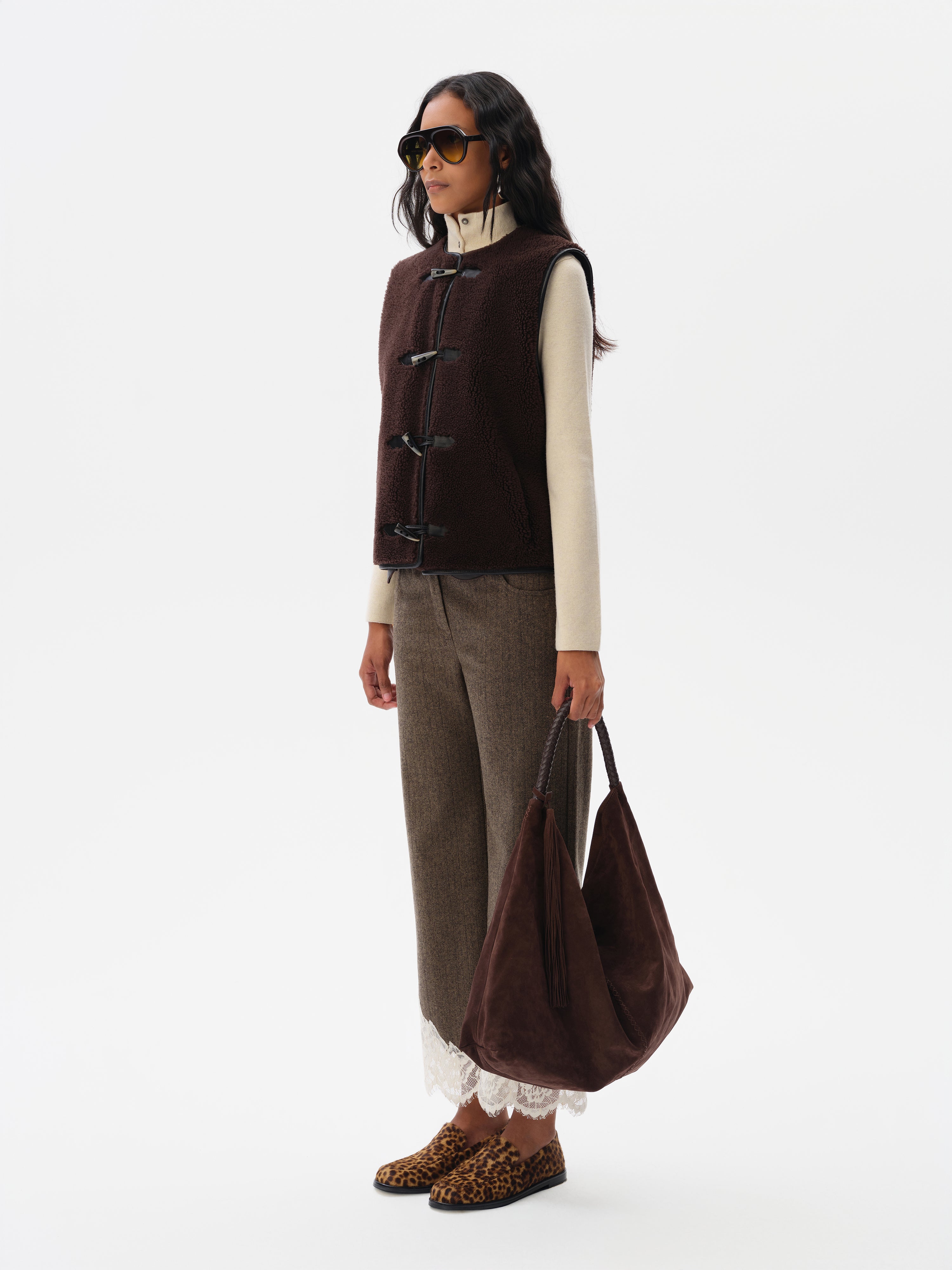 VIVIENNE - Wool blend pants with lace-trimmed hem