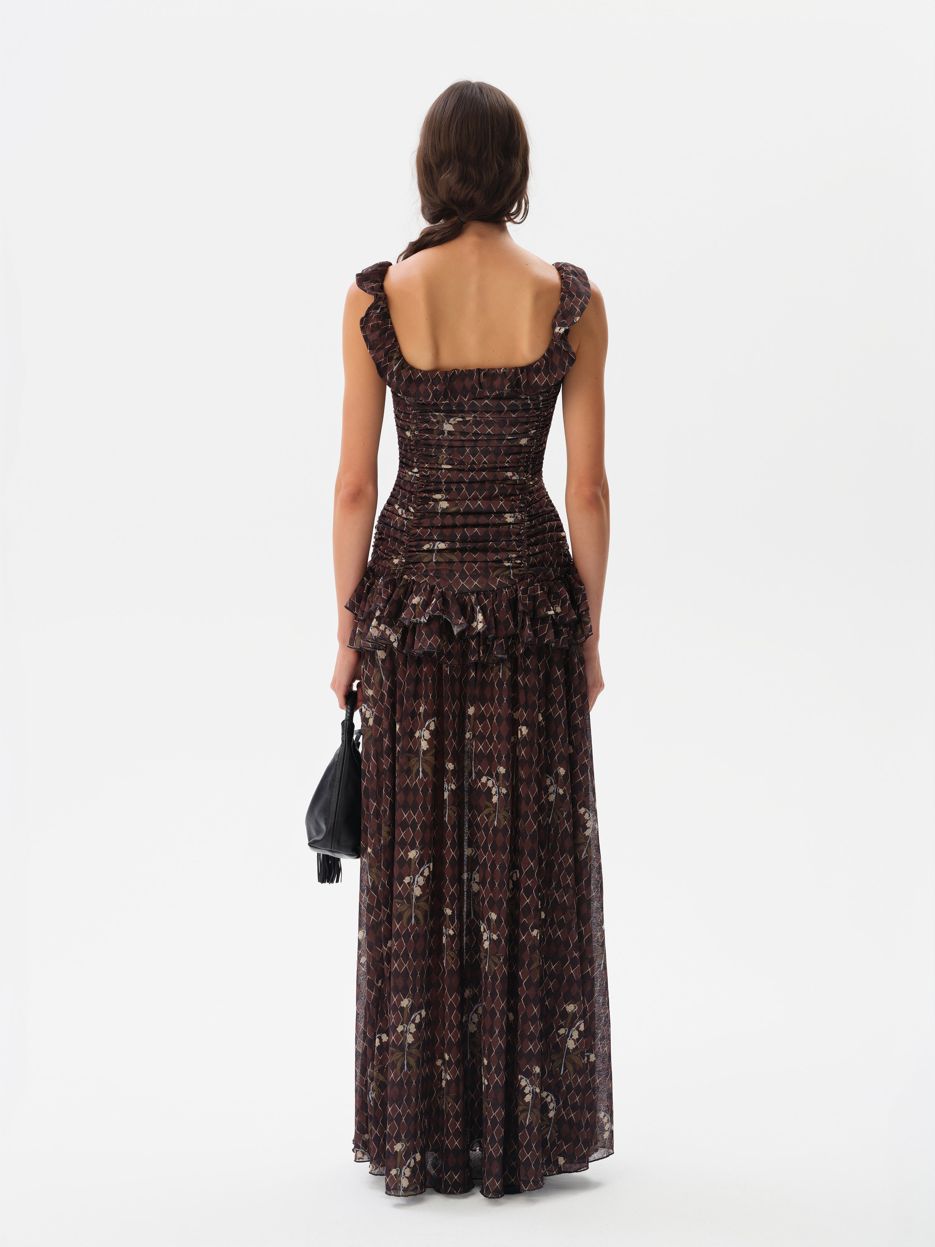 EMILIA - Ruched printed mesh maxi dress