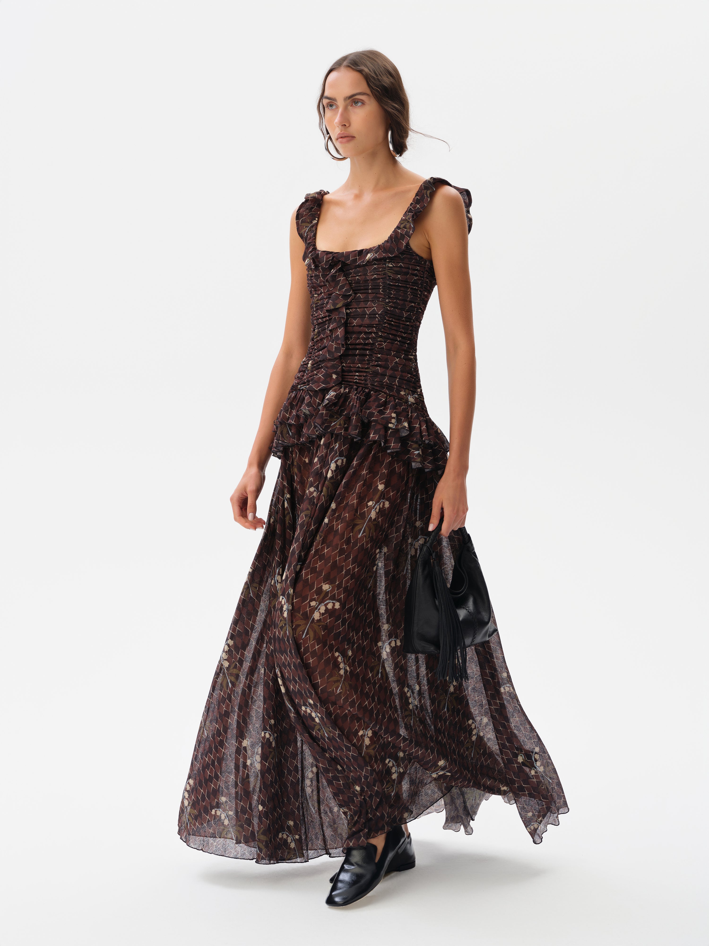 EMILIA - Ruched printed mesh maxi dress