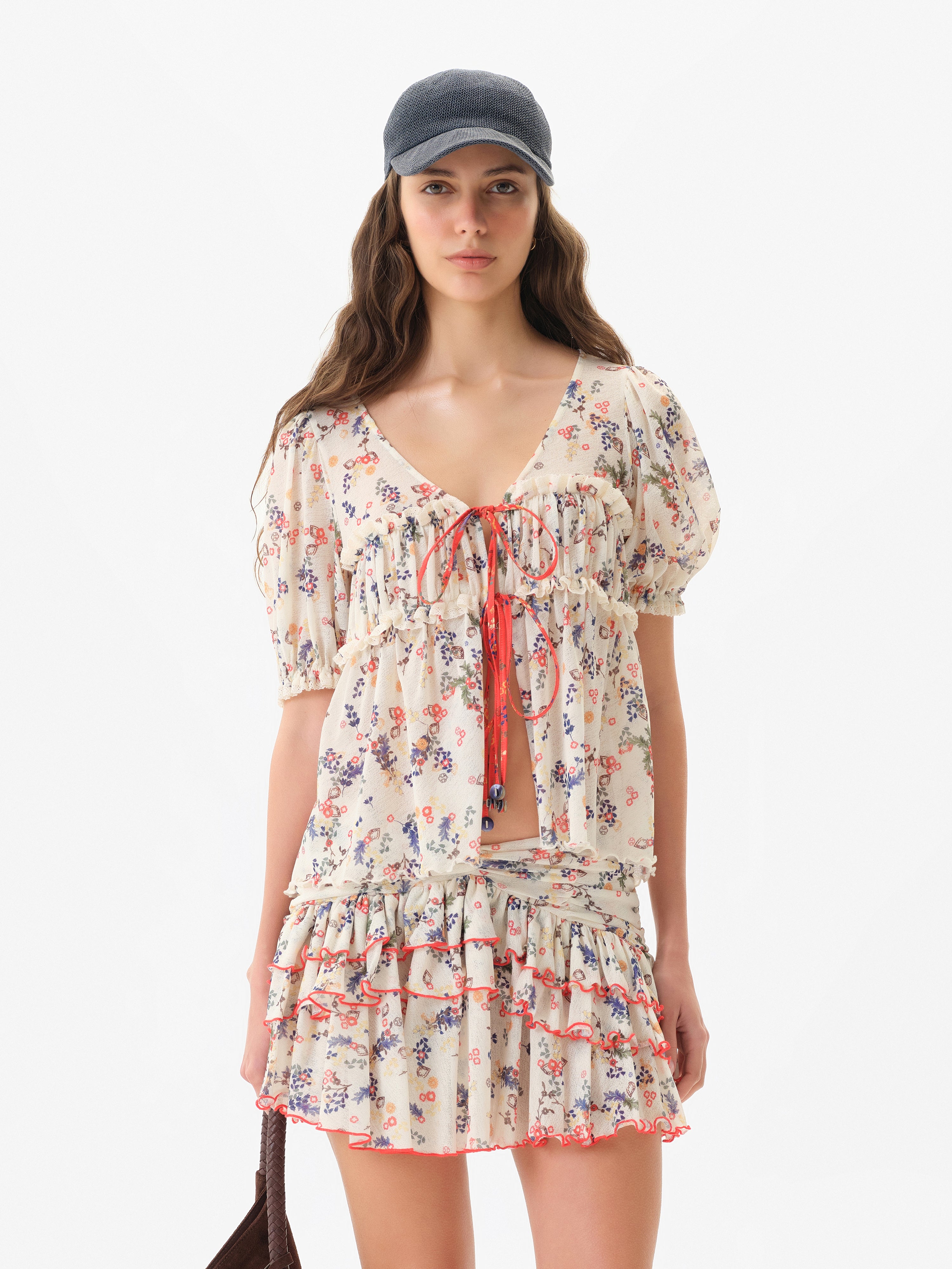 EMMA - Floral print v-neck mesh top with cntrast bust tie detail