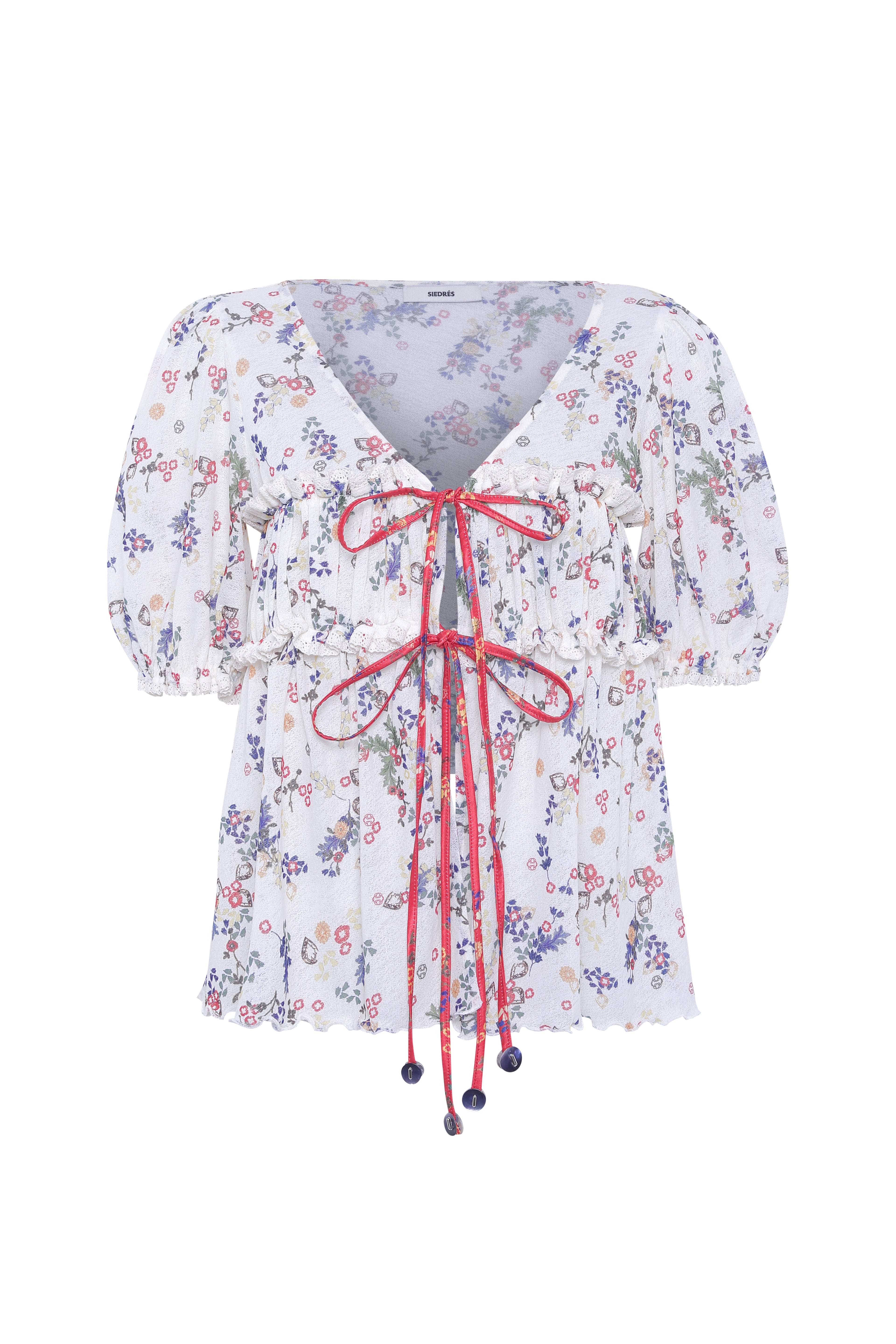 EMMA - Floral print v-neck mesh top with cntrast bust tie detail