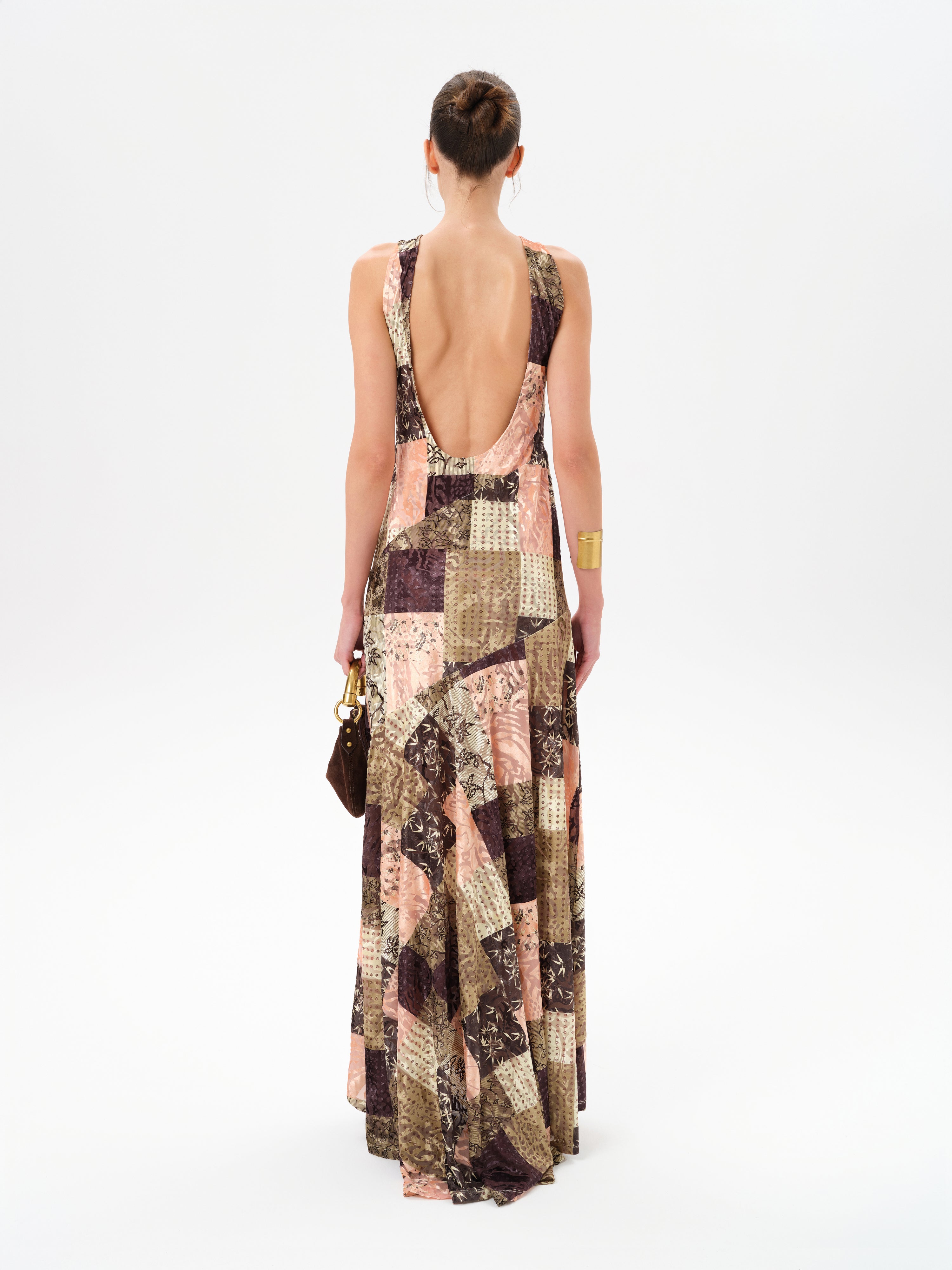 FENS - Open-back velvet maxi dress with patchwork pattern