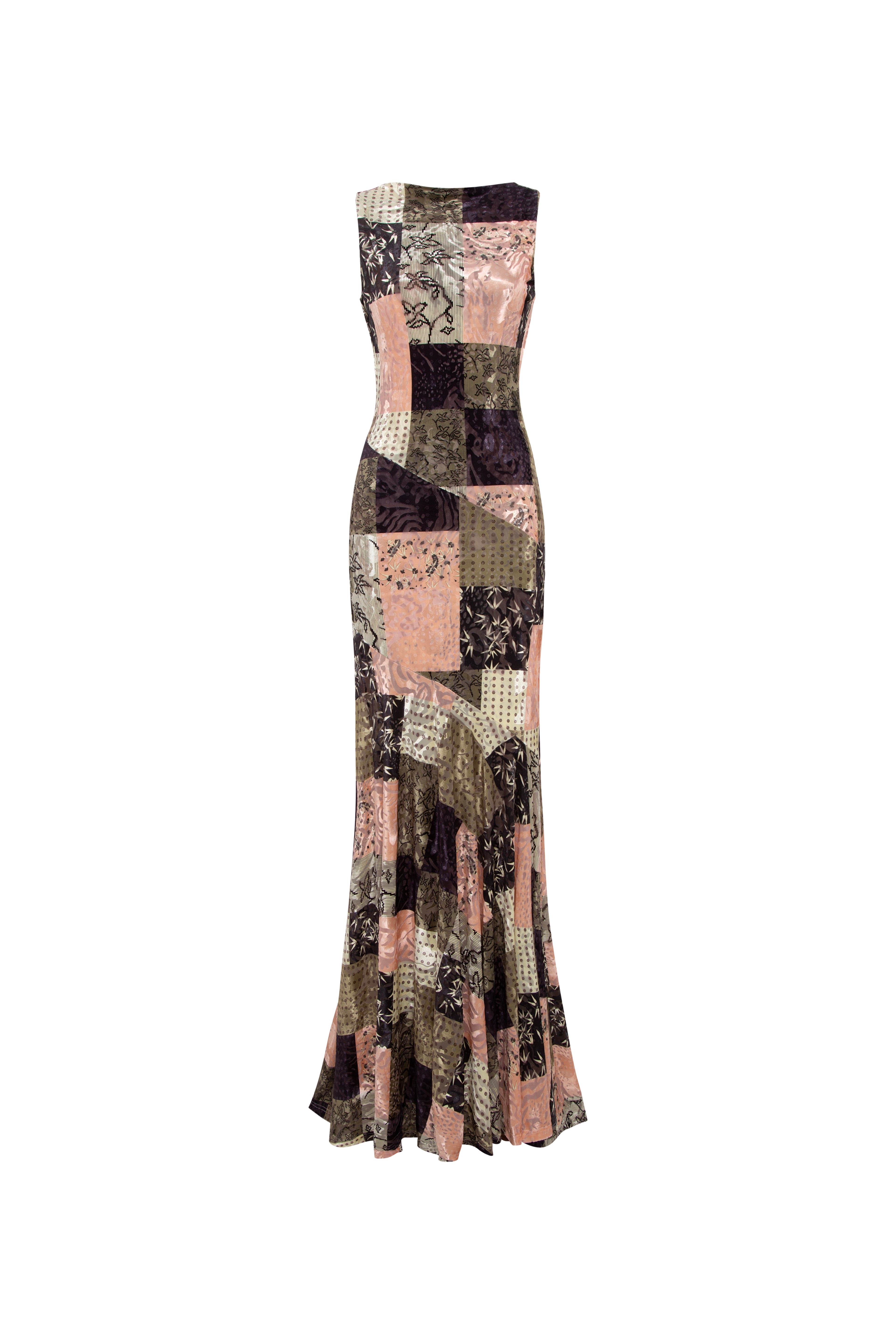 FENS - Open-back velvet maxi dress with patchwork pattern