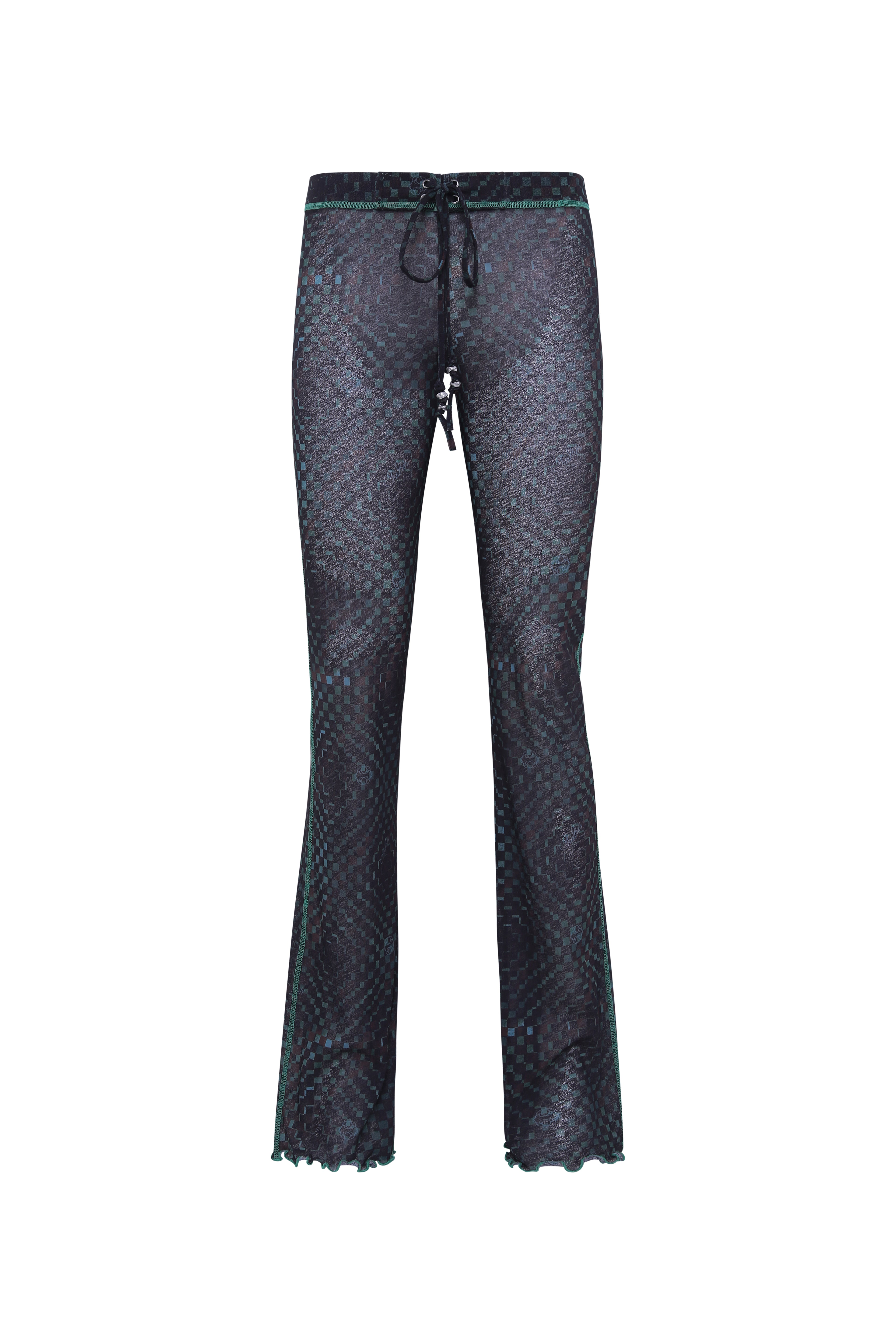 FLO - Semi sheer checkerboard print  full length pants with drawcord