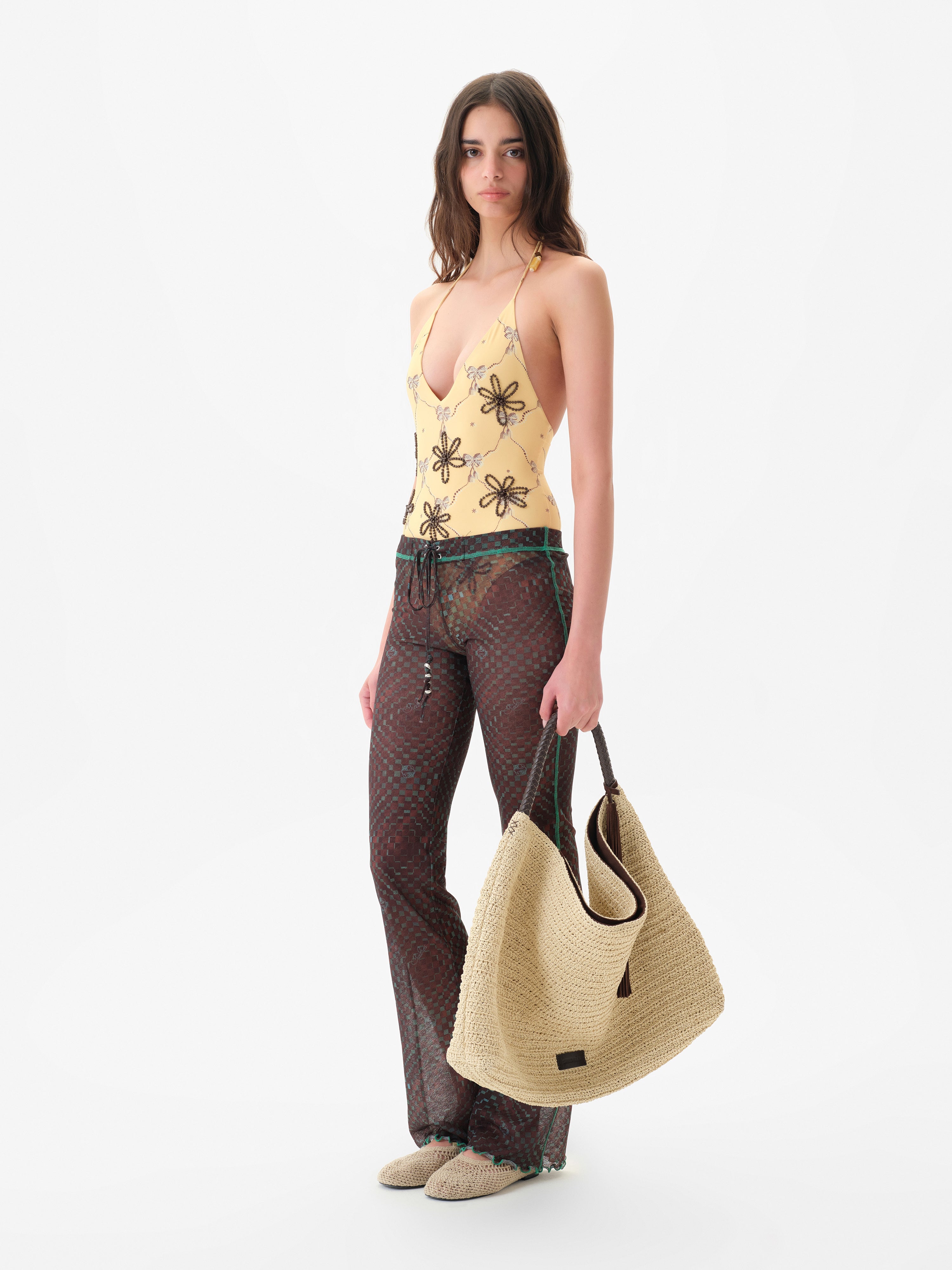 FLO - Semi sheer checkerboard print  full length pants with drawcord