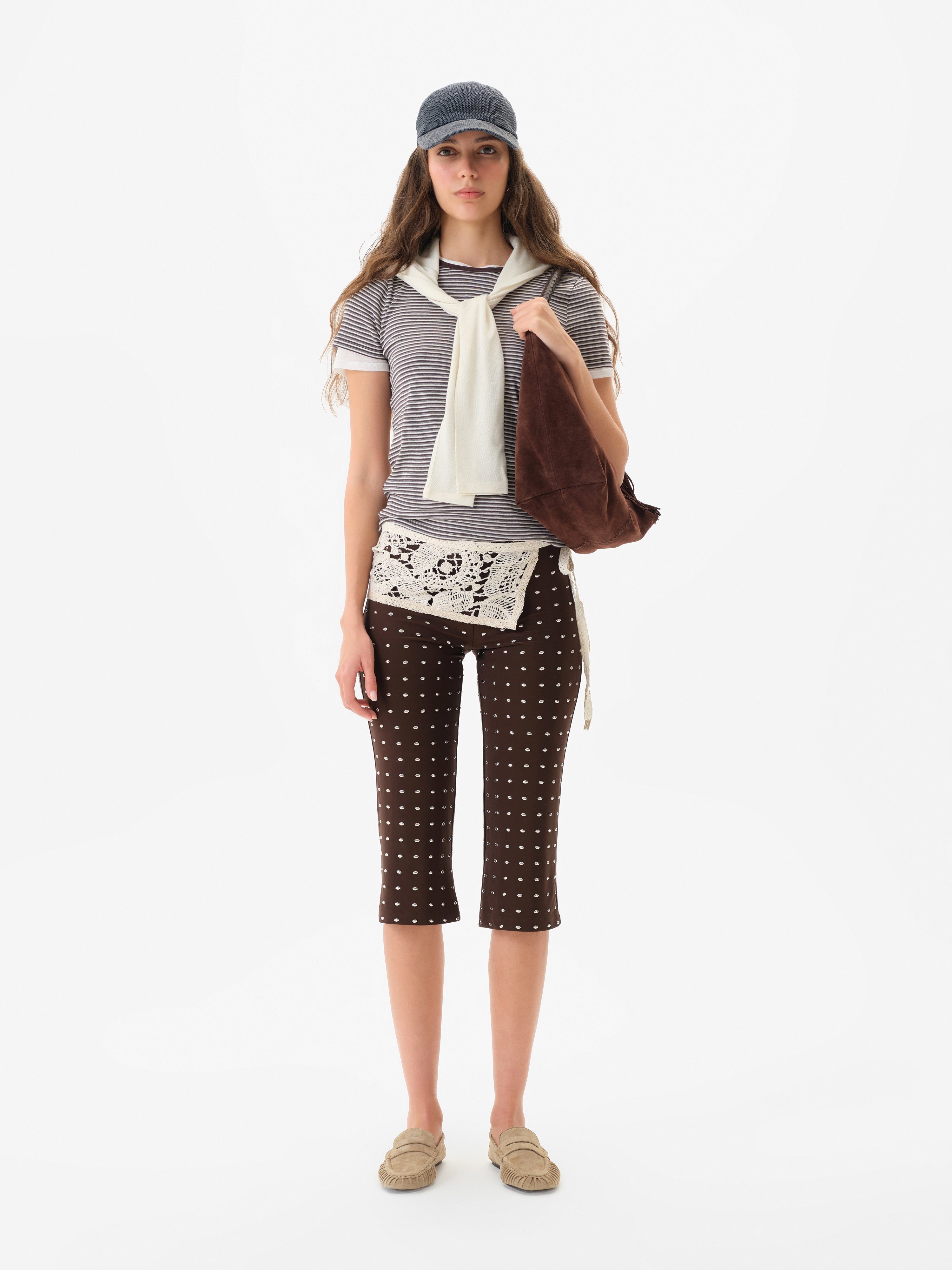 GIANNA - Studded jersey capri pants with crochet overlay