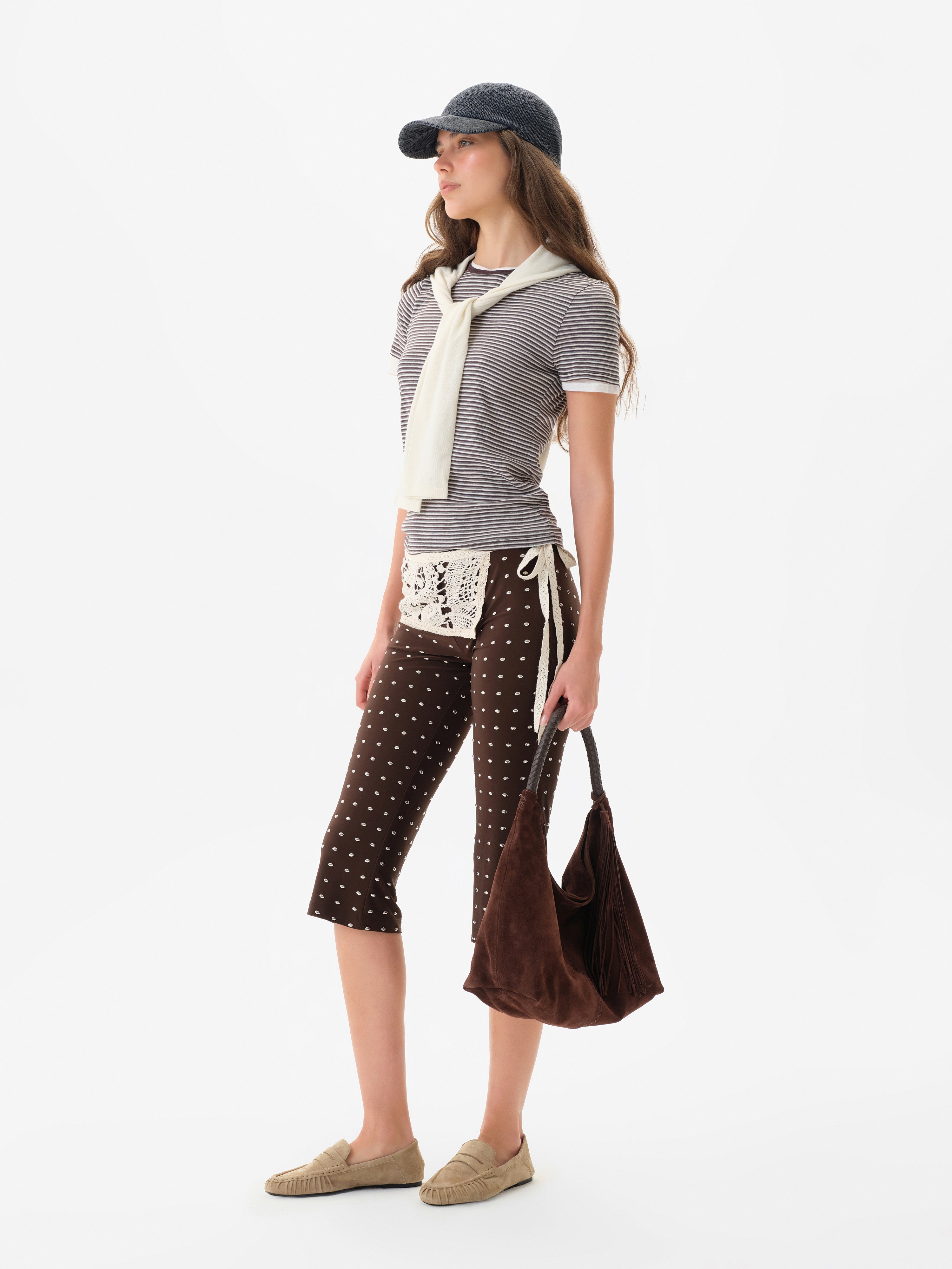 GIANNA - Studded jersey capri pants with crochet overlay