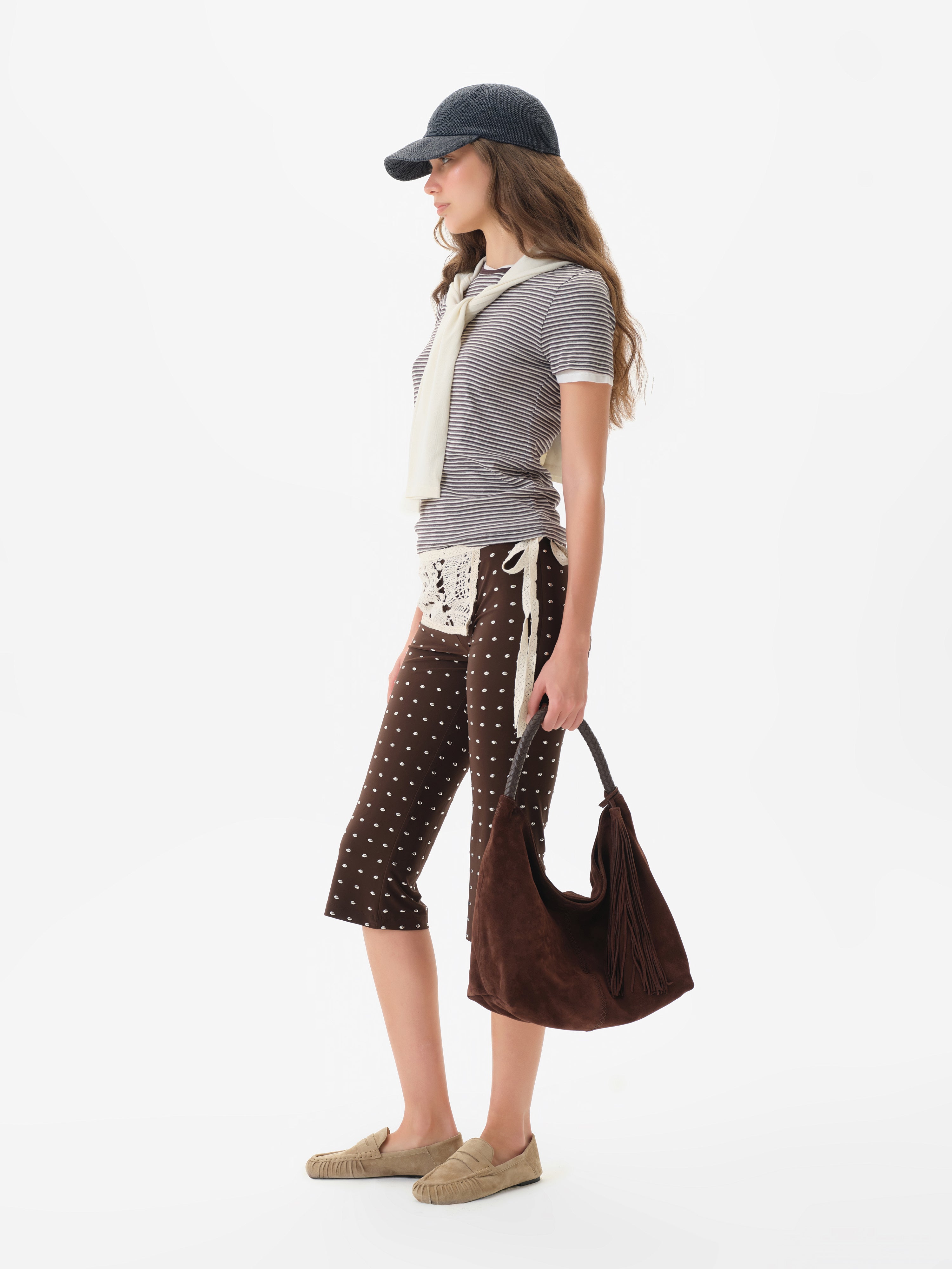 GIANNA - Studded jersey capri pants with crochet overlay