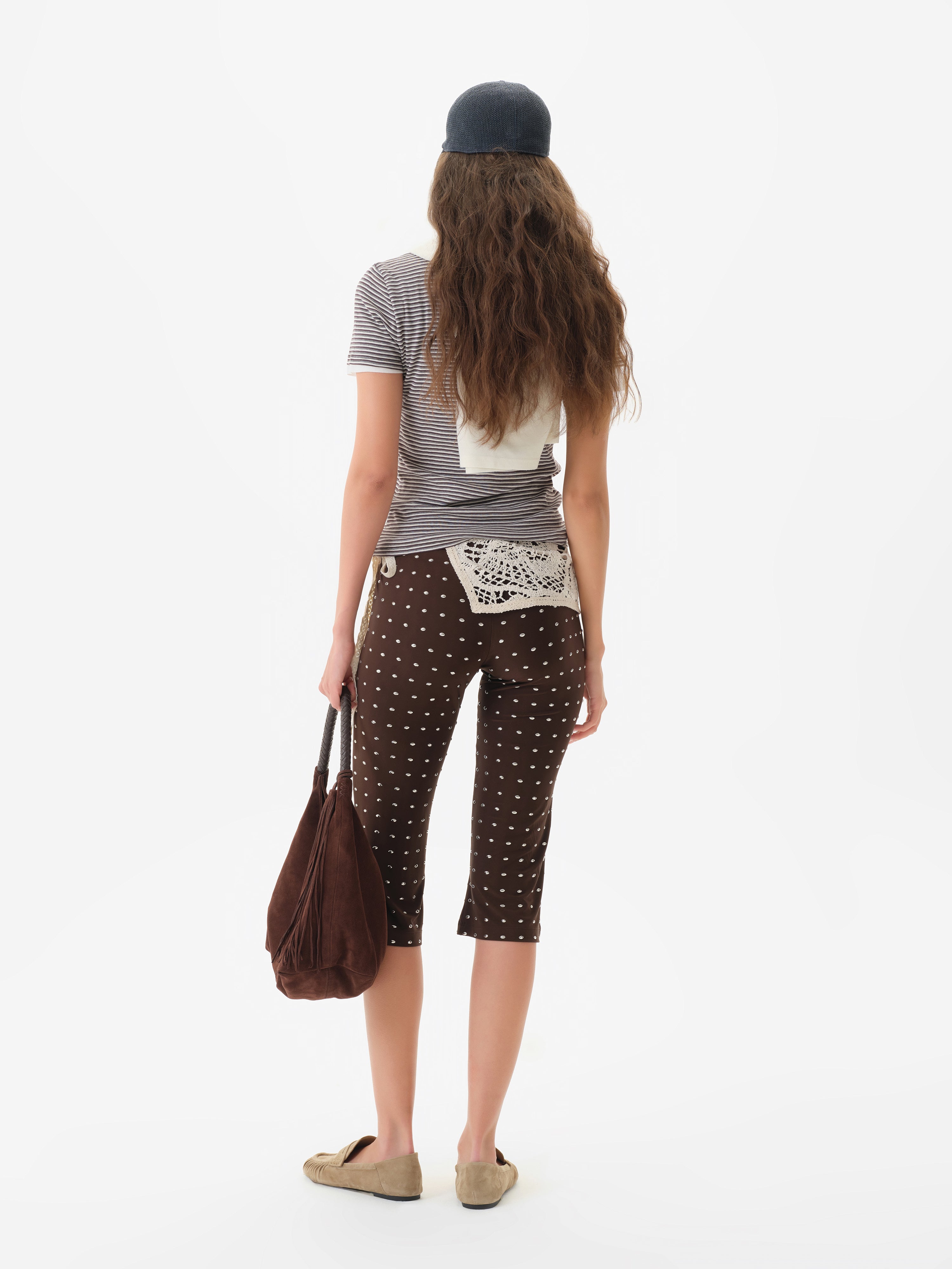GIANNA - Studded jersey capri pants with crochet overlay