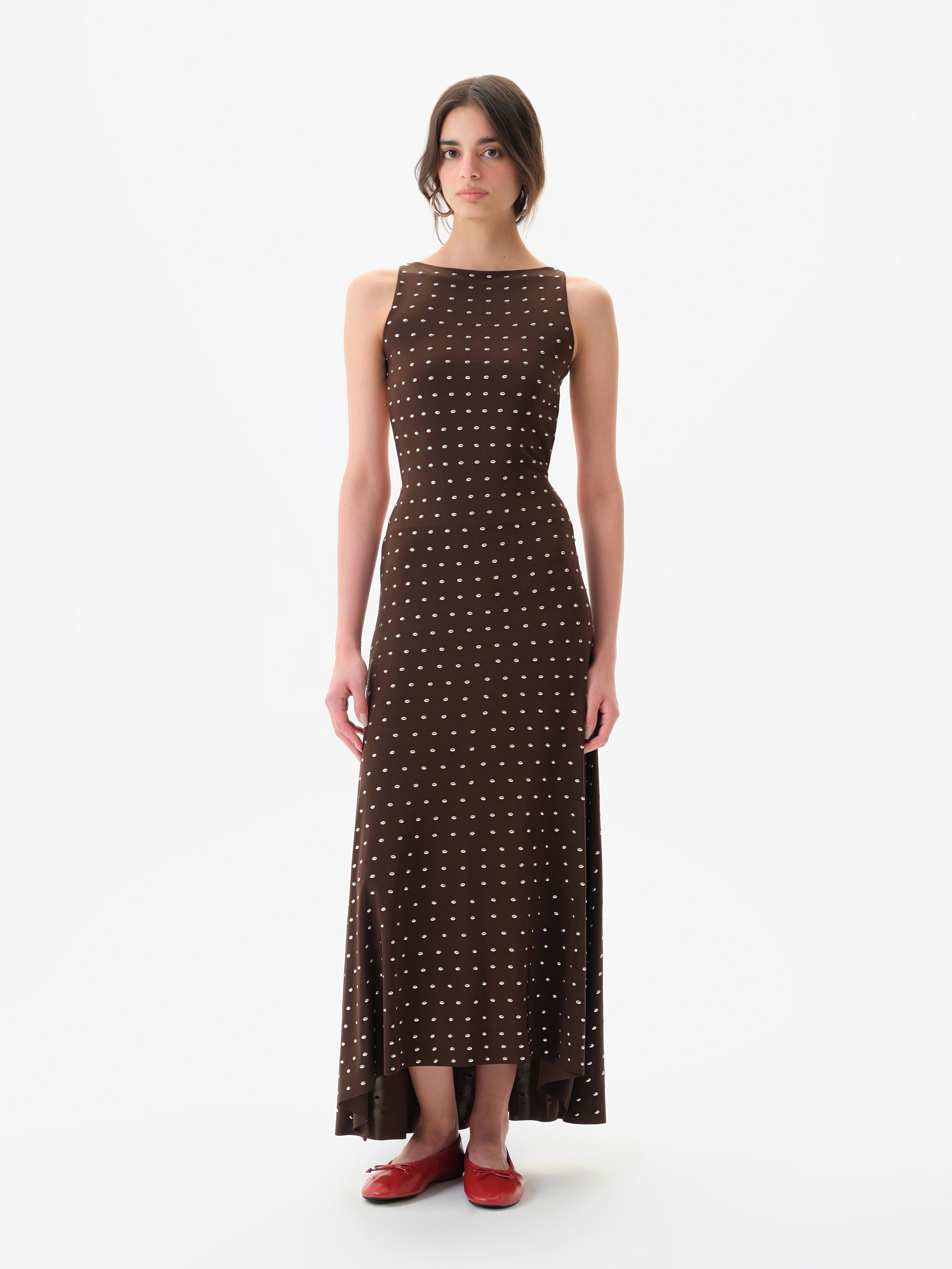GRACE - Sleeveless maxi dress in stretch jersey with all-over metal studs