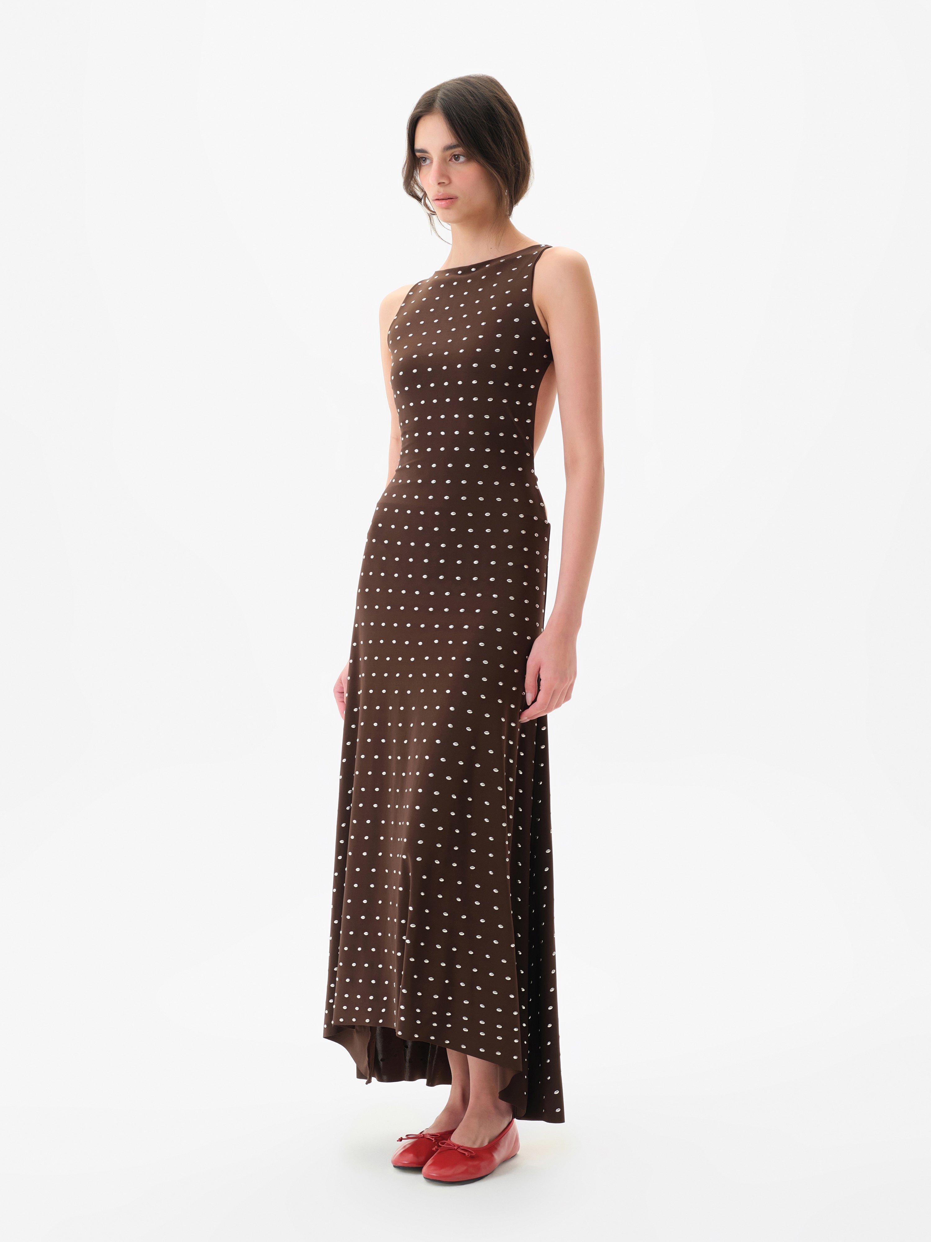 GRACE - Sleeveless maxi dress in stretch jersey with all-over metal studs