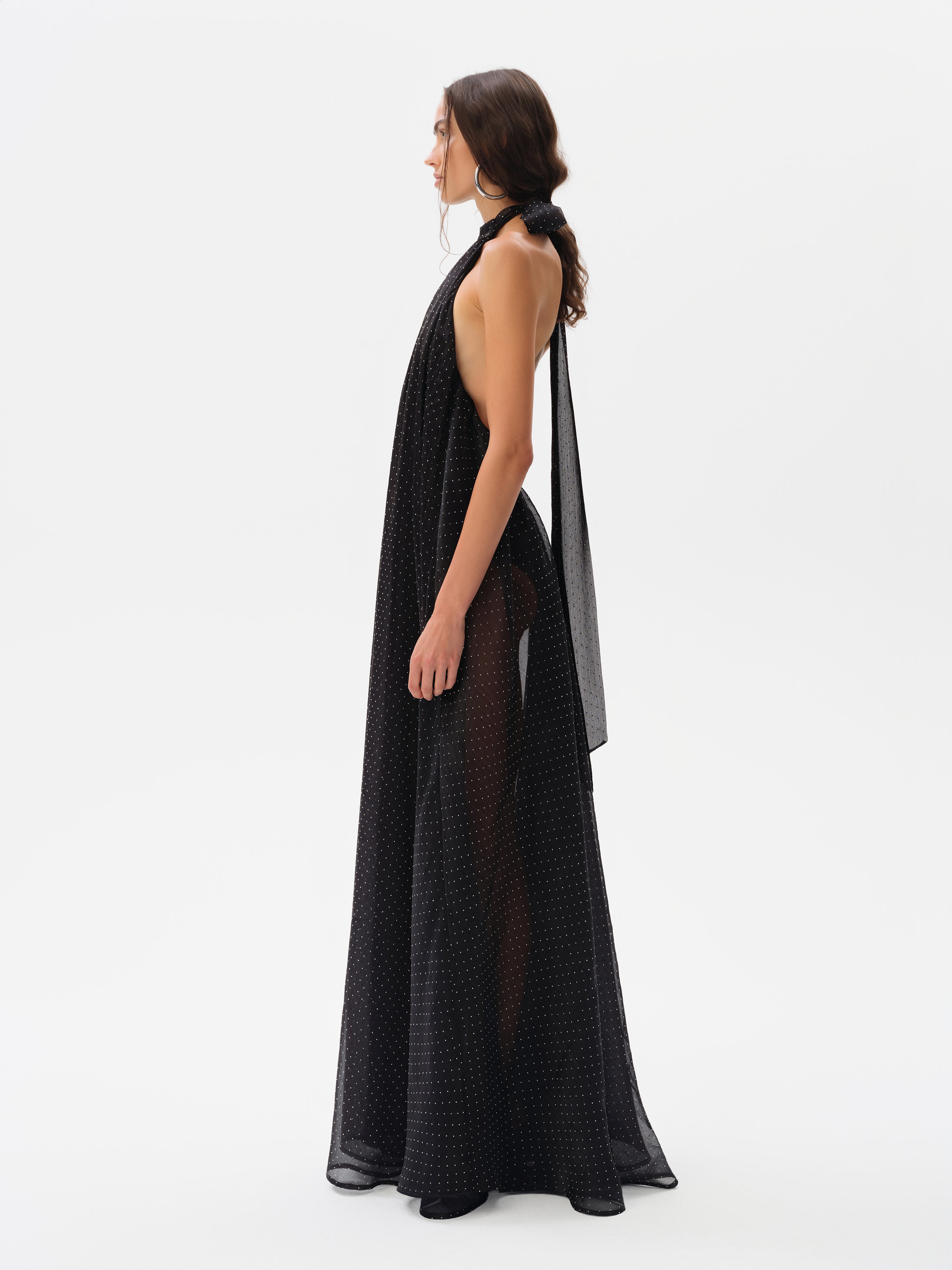 IRIS - Open-back halter neck chiffon glitter dress