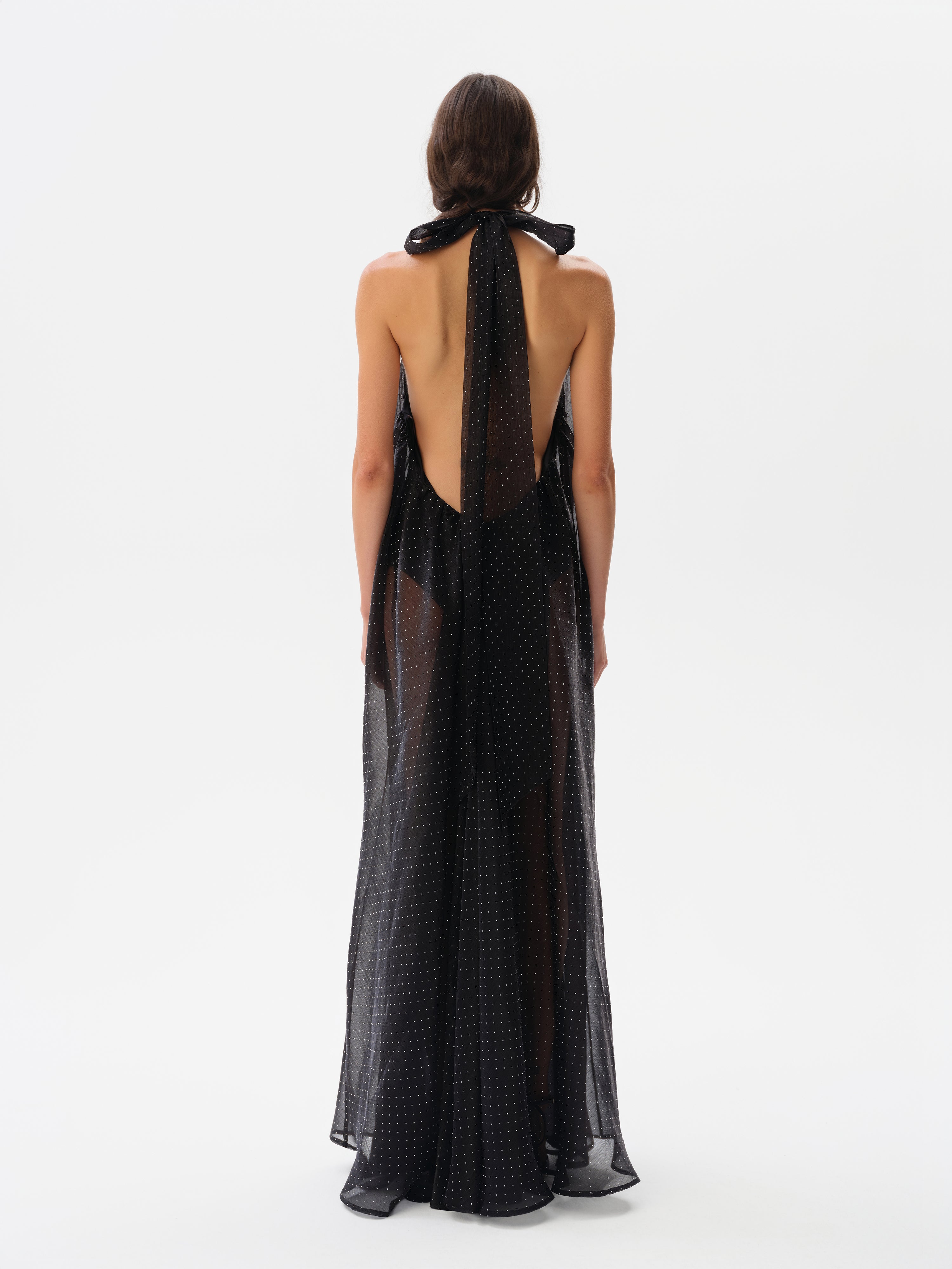 IRIS - Open-back halter neck chiffon glitter dress