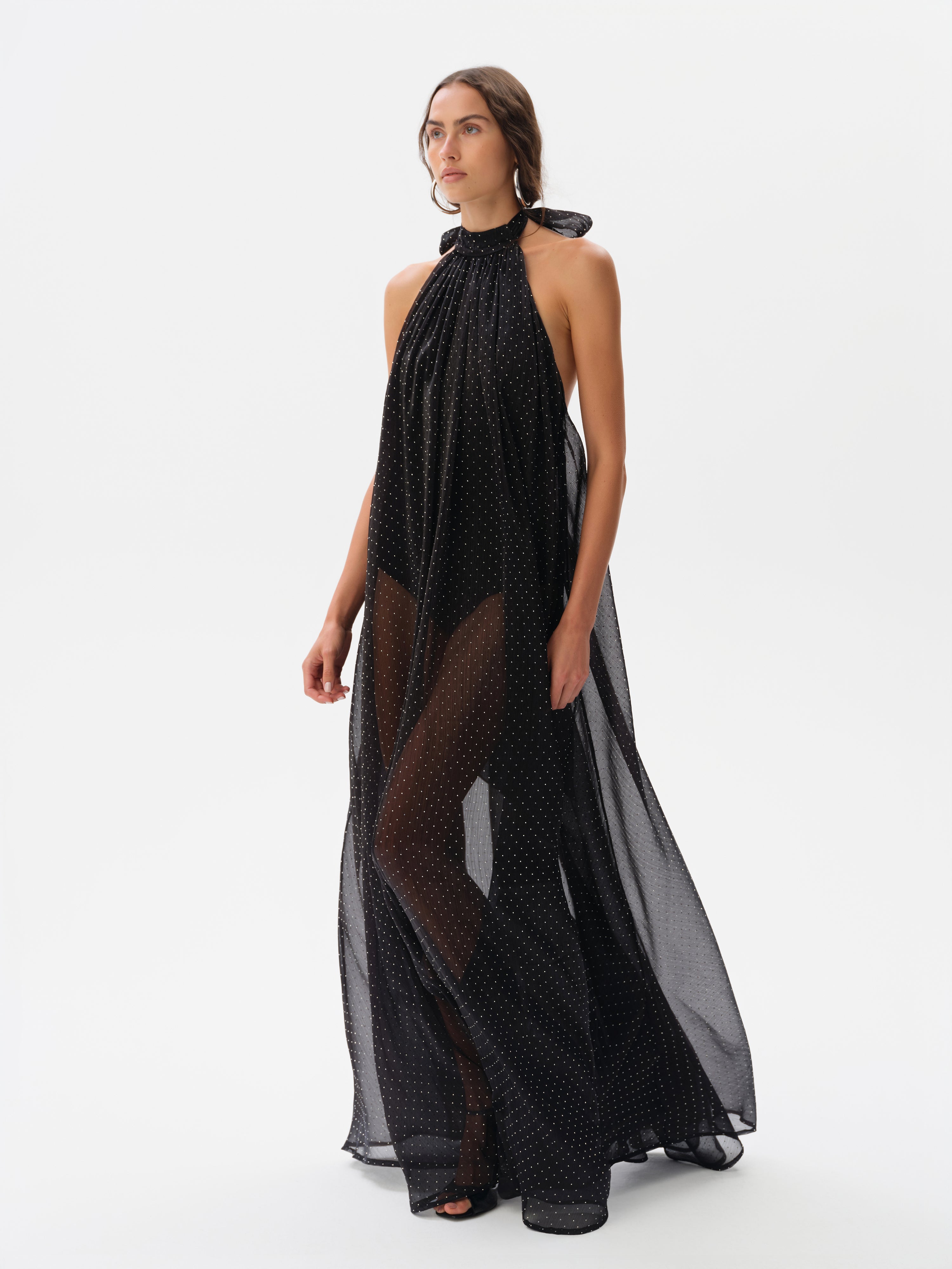 IRIS - Open-back halter neck chiffon glitter dress