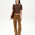 LENA - Contrast printed collar velvet devoré short-sleeve polo